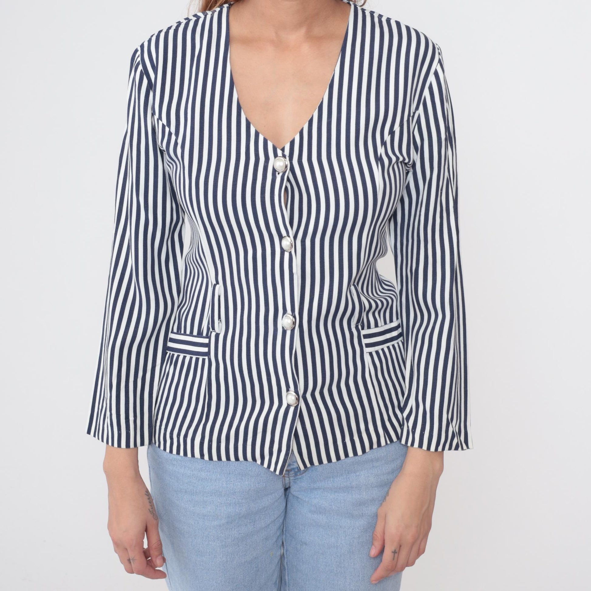 80s Nautical Striped Button-Front Blouse Navy White Pearl Buttons Medium