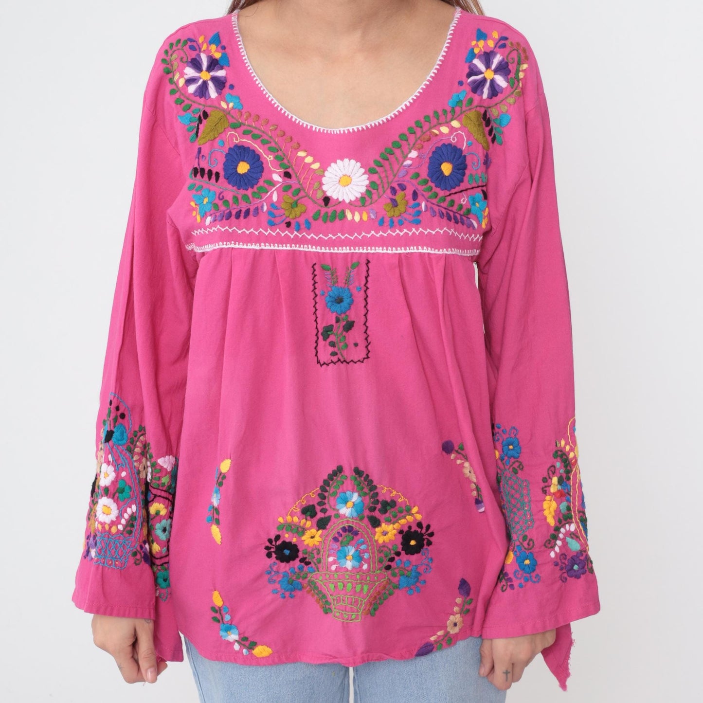 90s Embroidered Bell Sleeve Blouse Fuchsia Floral Cotton Tunic Medium M