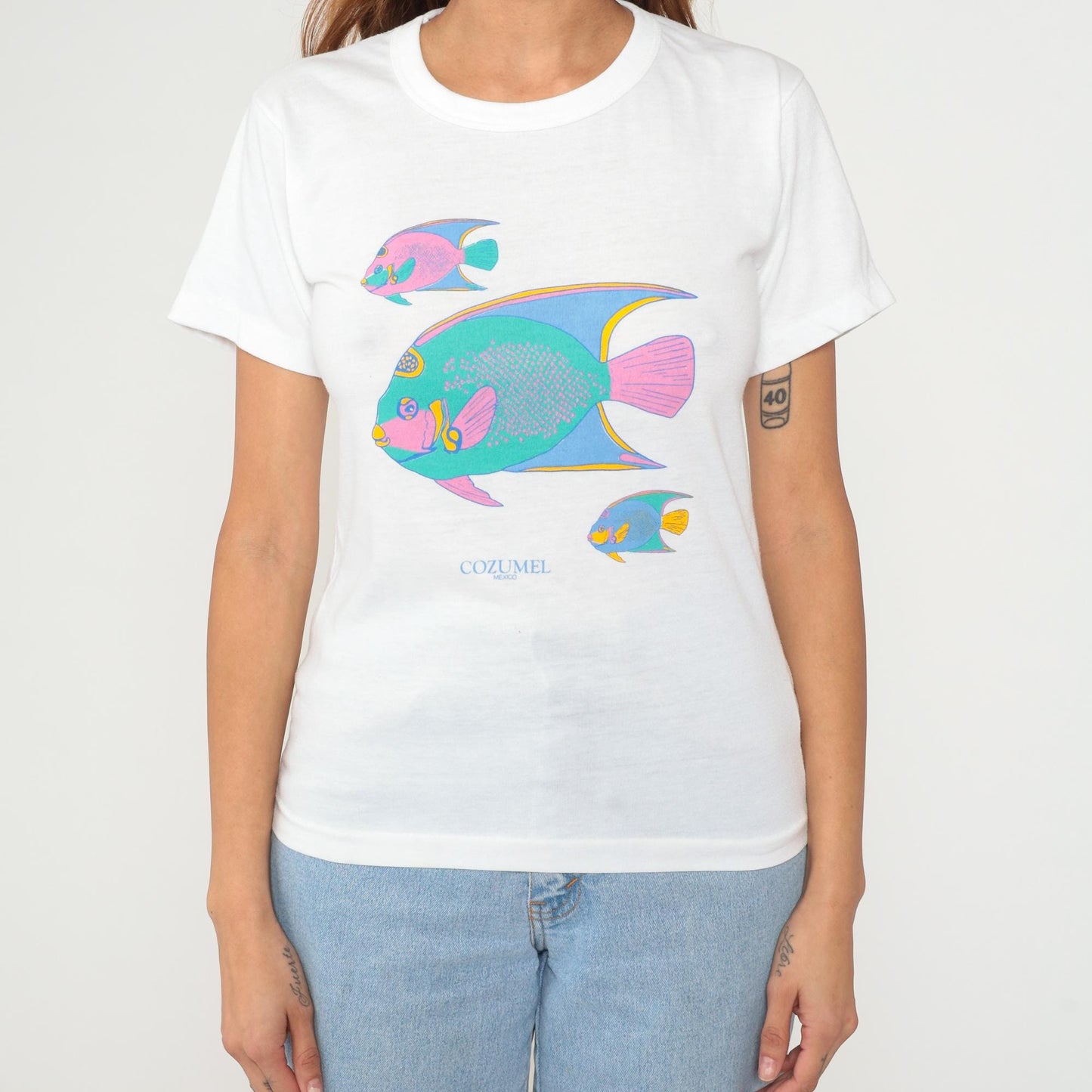 Y2K Cozumel Mexico Tropical Fish Graphic Tee White Cotton Small