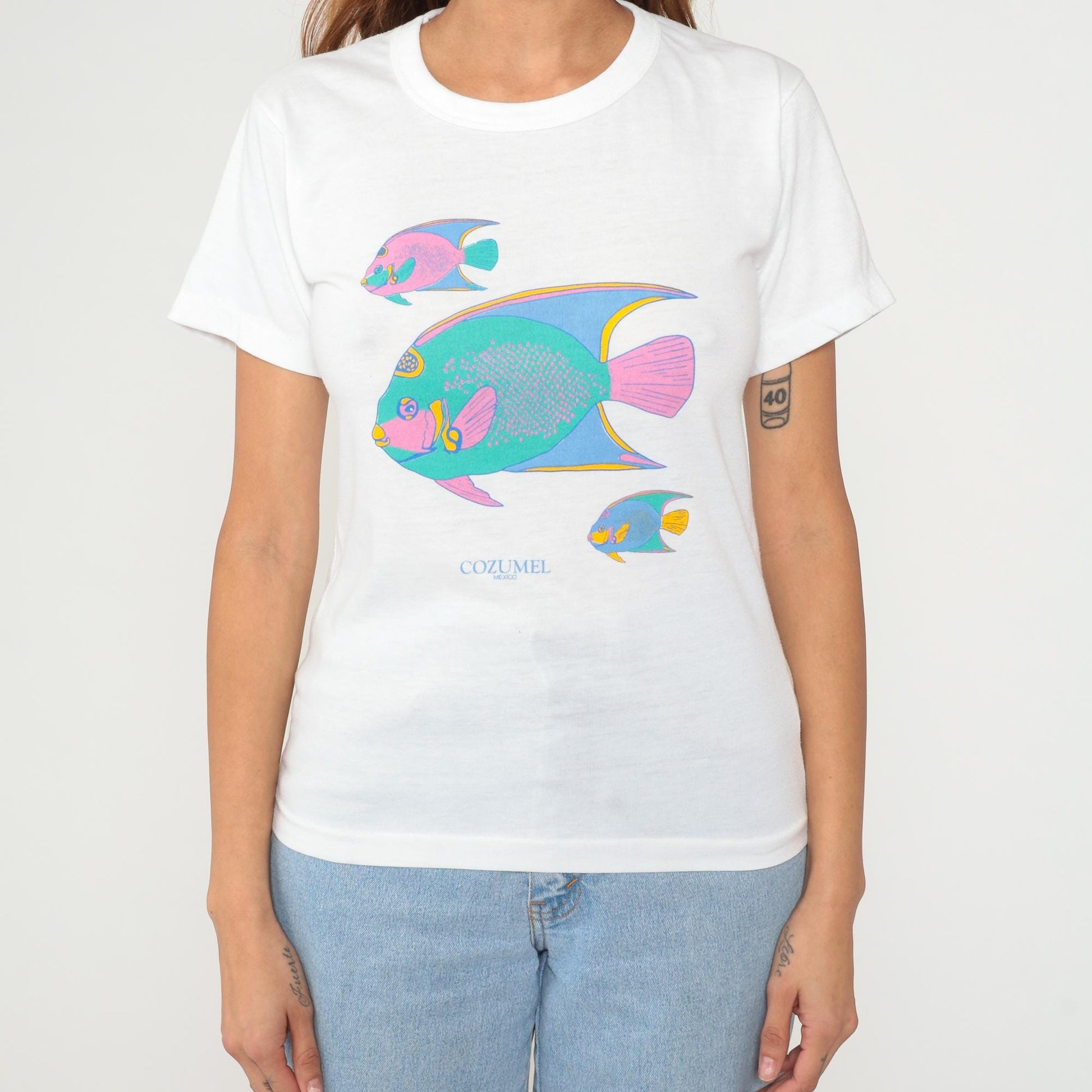 Y2K Cozumel Mexico Tropical Fish Graphic Tee White Cotton Small