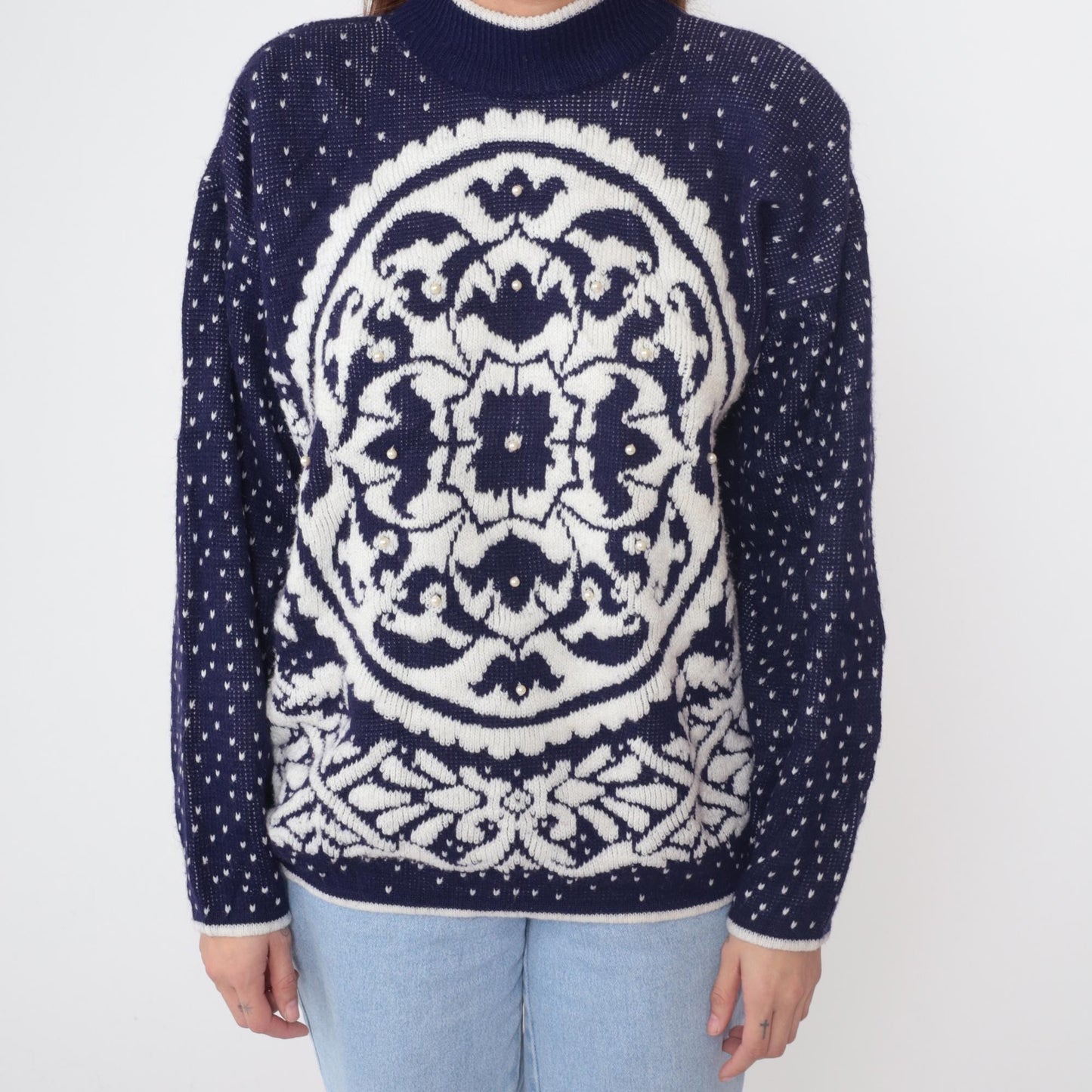 80s Navy Blue White Geometric Medallion Knit Sweater Beaded Crewneck Medium