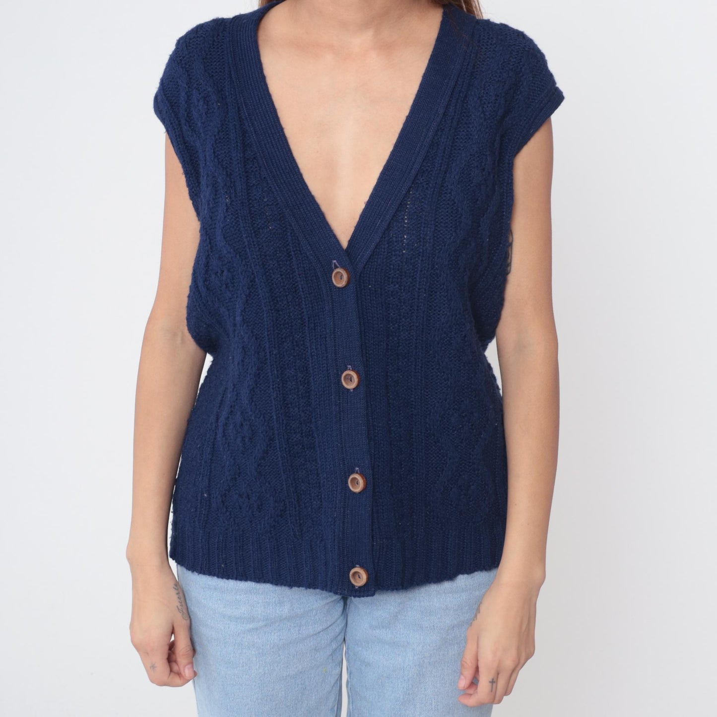 70s Navy Cable Knit Vest Deep V Button Front Sleeveless Medium