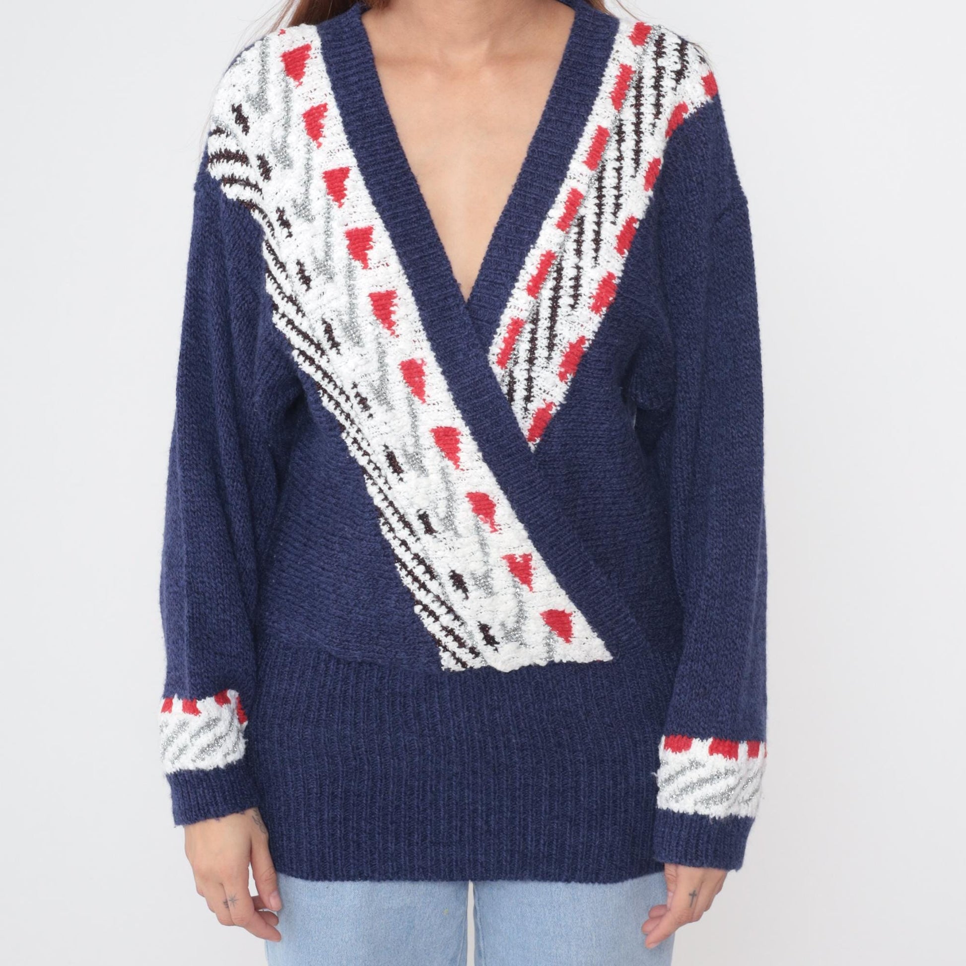 80s Carducci Navy Geometric Knit Pullover Balloon Sleeve V-Neck Large L