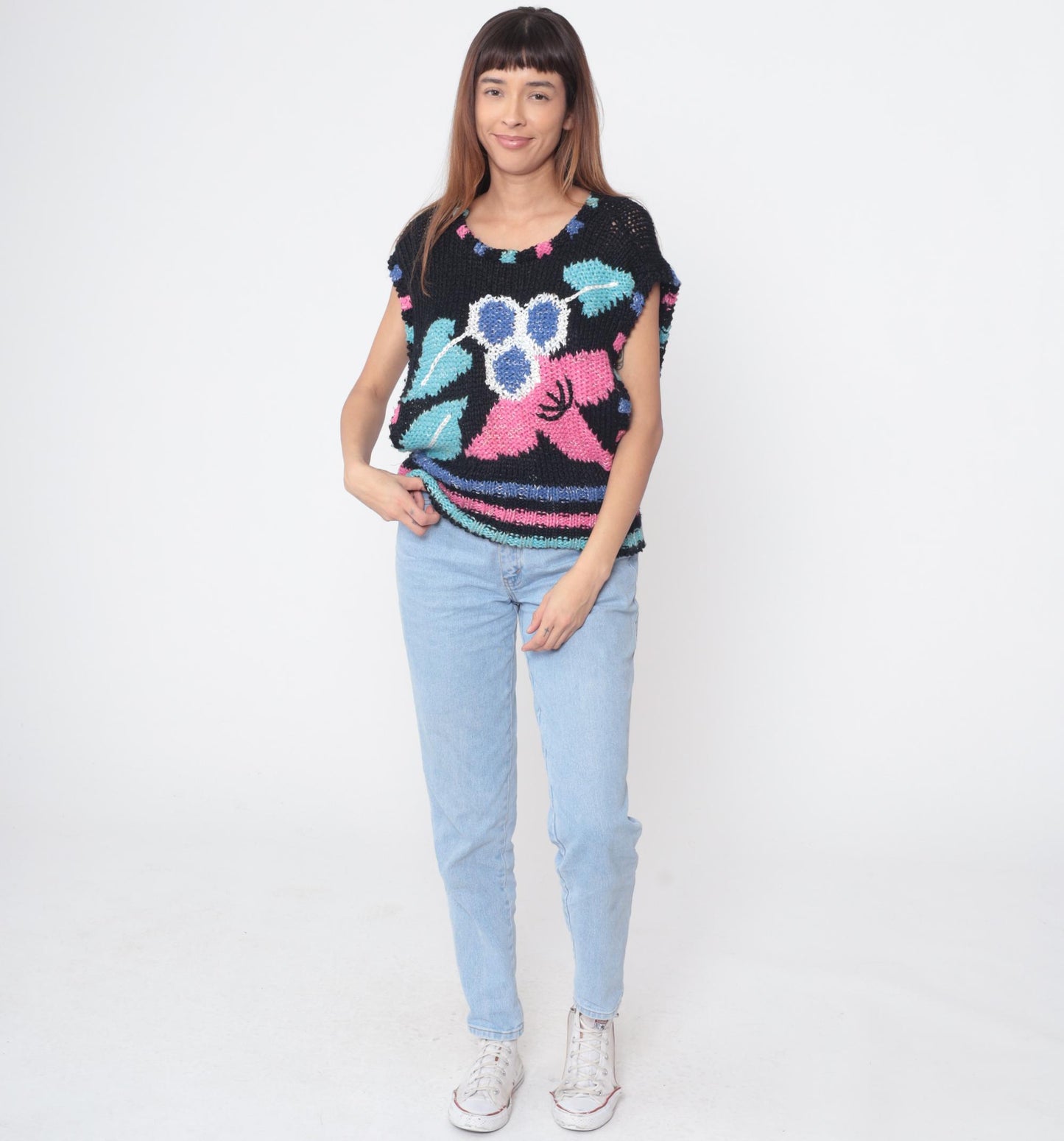 80s Sheridan Unique Knit Sweater Vest Black Floral Hot Pink Electric Blue Medium M