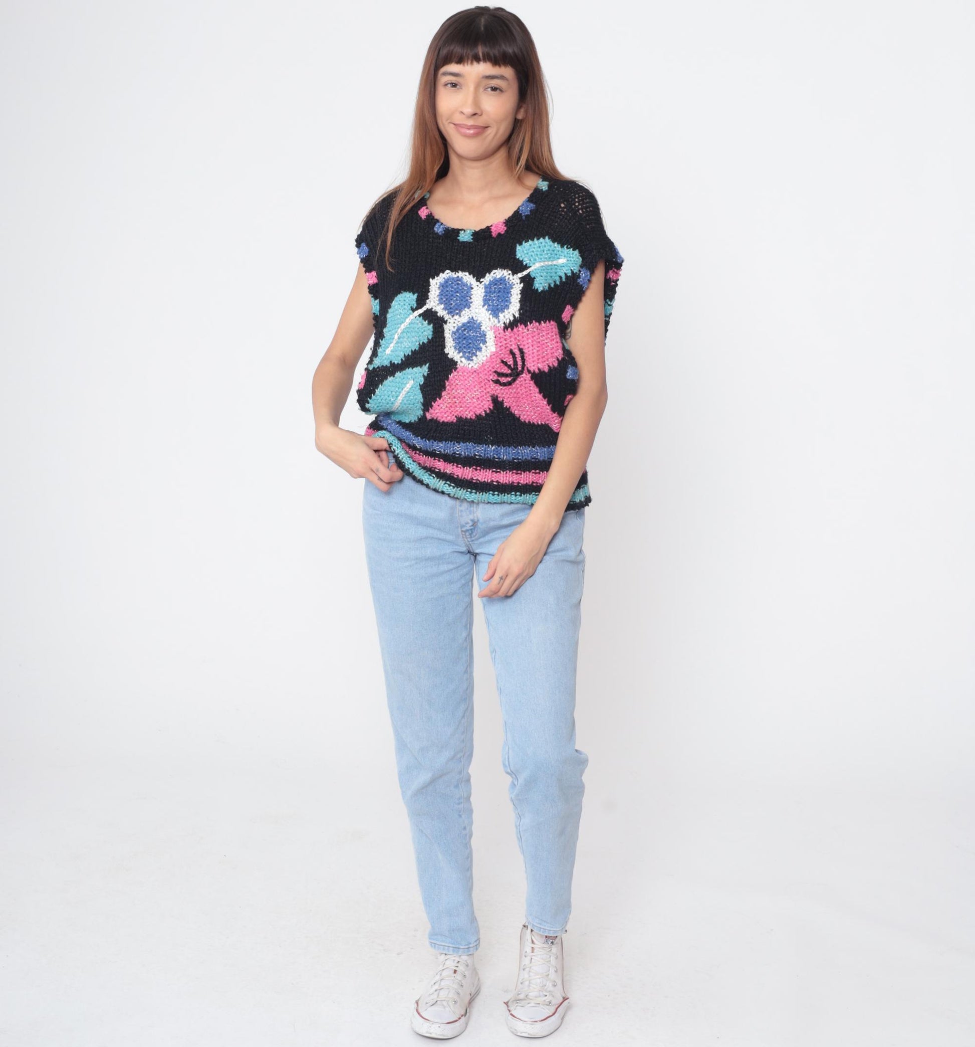 80s Sheridan Unique Knit Sweater Vest Black Floral Hot Pink Electric Blue Medium M