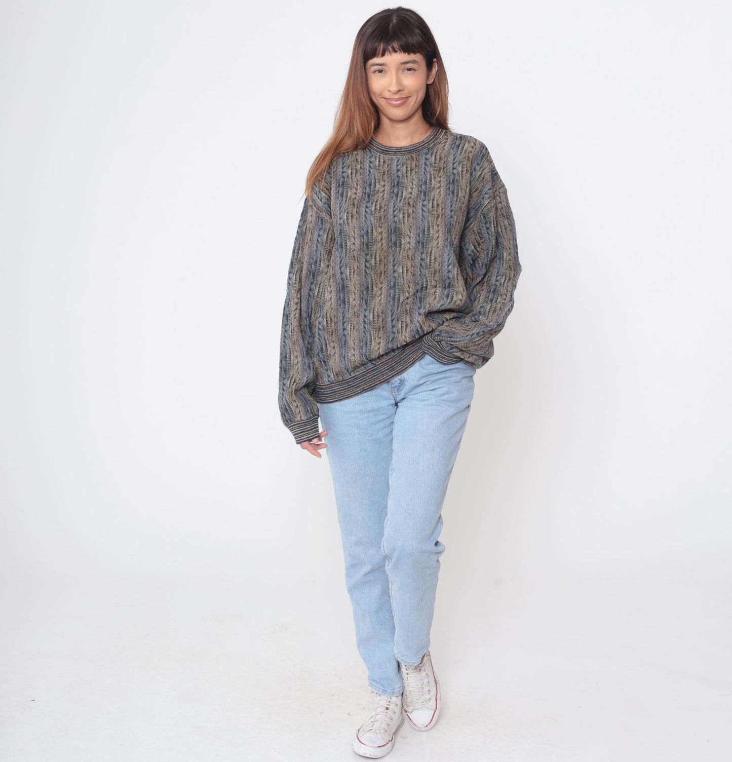 90s Jhane Barnes Knit Sweater Striped Crew Neck Earth Tone Large