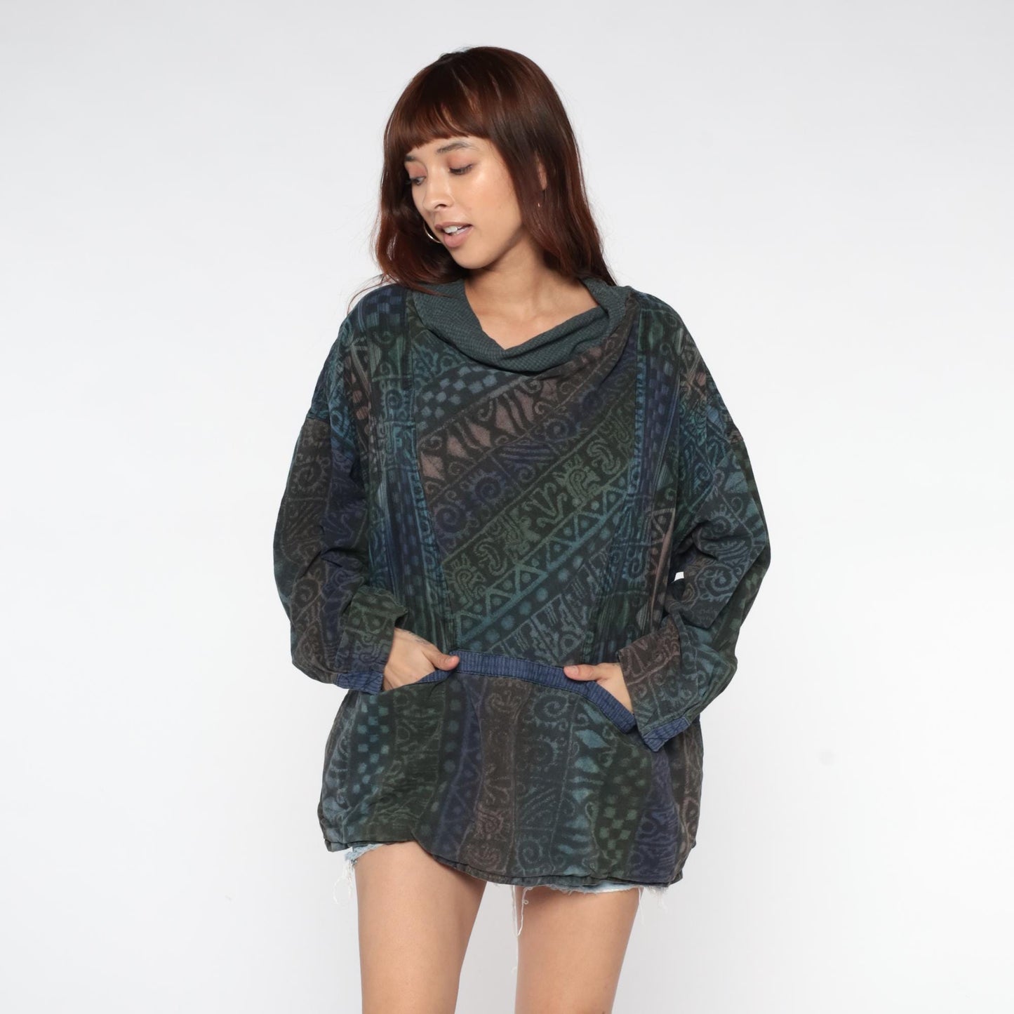 90s Winter Sun Tunic Plus Size Cowl Neck Geometric Print Extra Large XXL