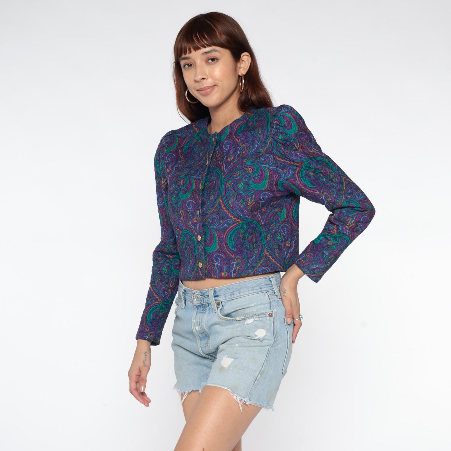 90s Jeffrey & Dare Purple Paisley Quilted Cropped Jacket Medium