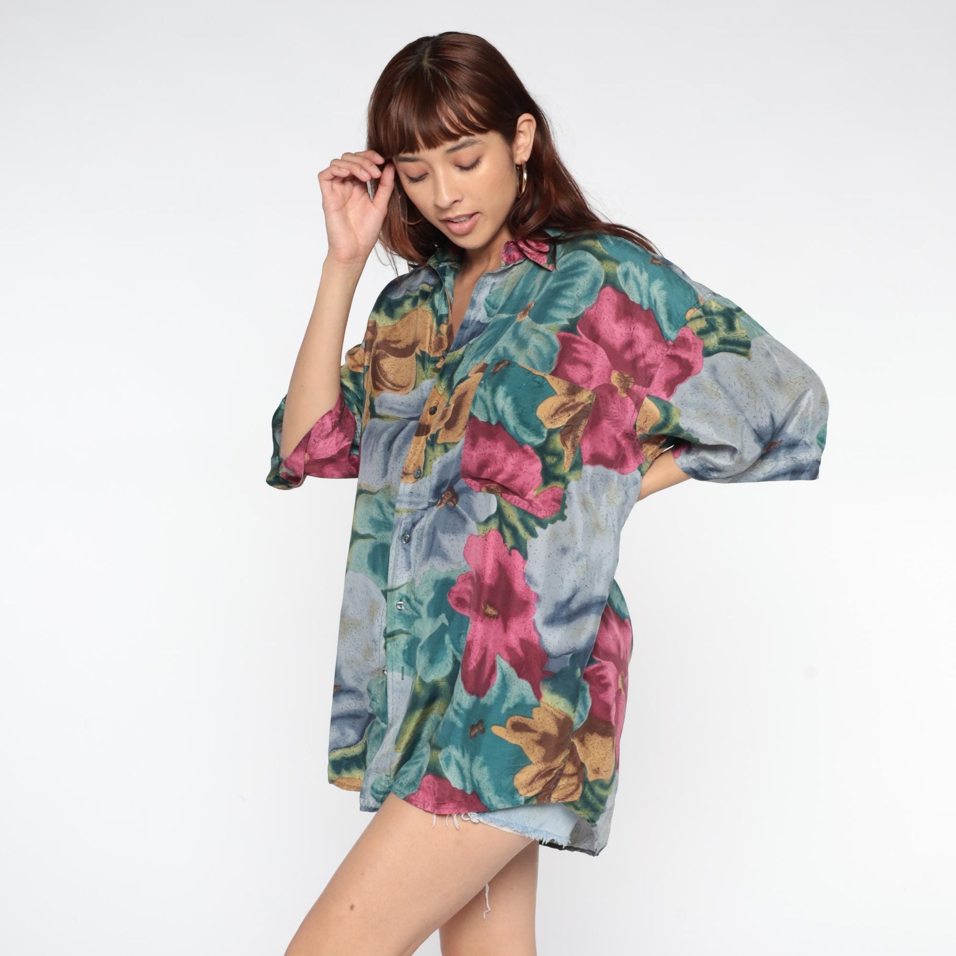 90s Silk Hawaiian Shirt Floral Print Teal Pink Blue Gold Extra Large XL
