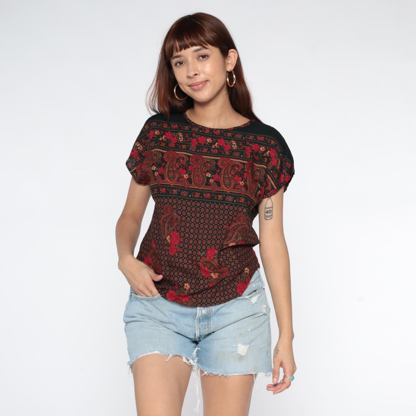 90s Paisley Floral Short Sleeve Blouse Black Burgundy Red Small S