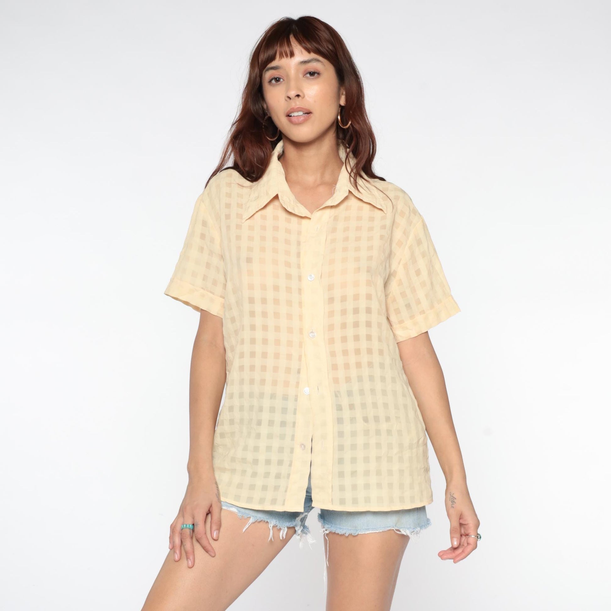 90s Denis Battochio Cream Gingham Button-Up Shirt Short Sleeve Medium M