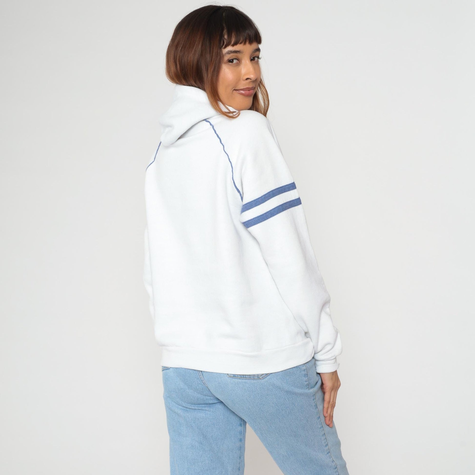 80s Jerzees Sign Language Hoodie White Blue Varsity Raglan Large