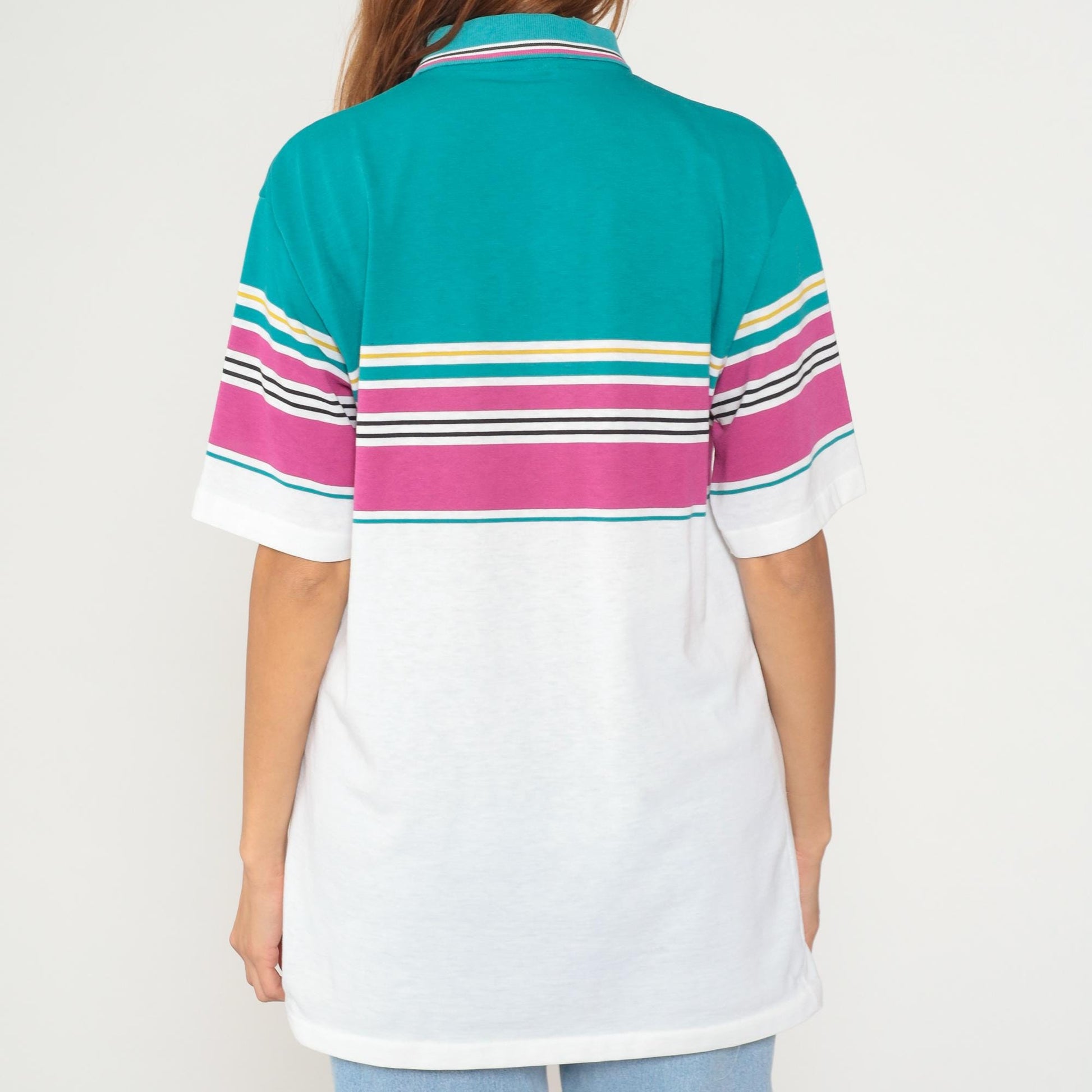80s Penguin Striped Polo Shirt White Teal Purple Gold Quarter Button Medium