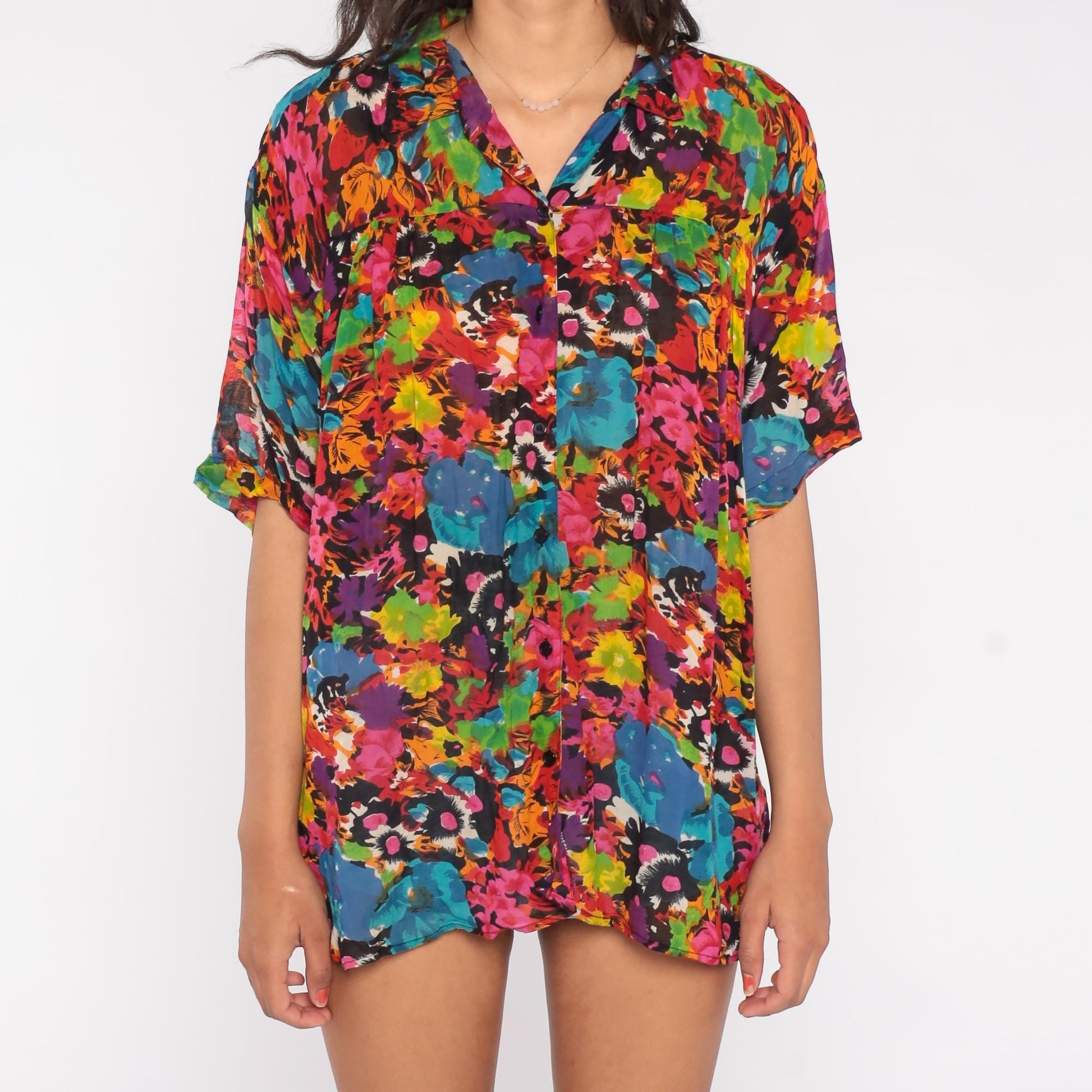 90s Whistles Abstract Floral Shirt Multi-Color Short Sleeve Cotton Blend Medium M