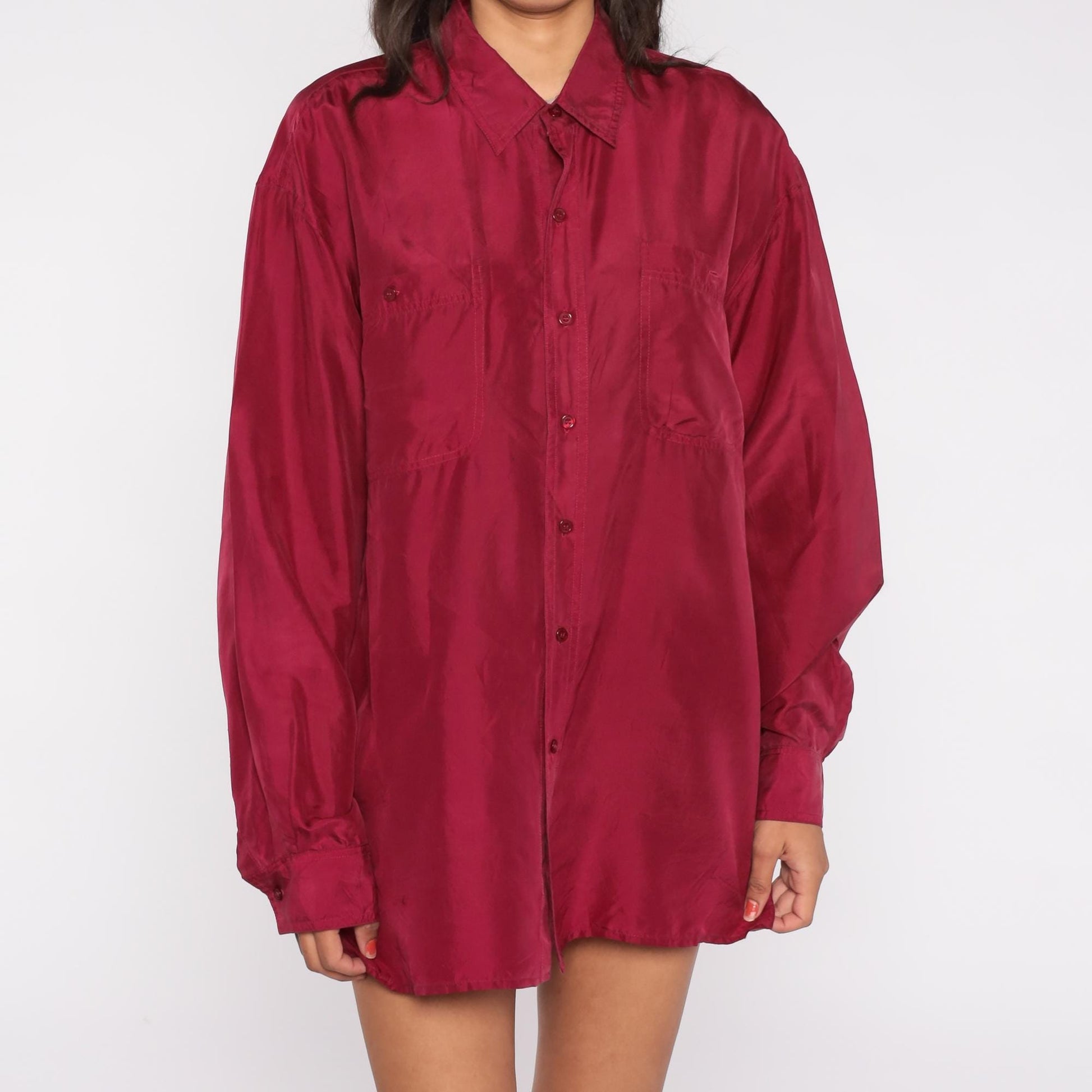 90s Bogari Burgundy Silk Button-Up Shirt Large L