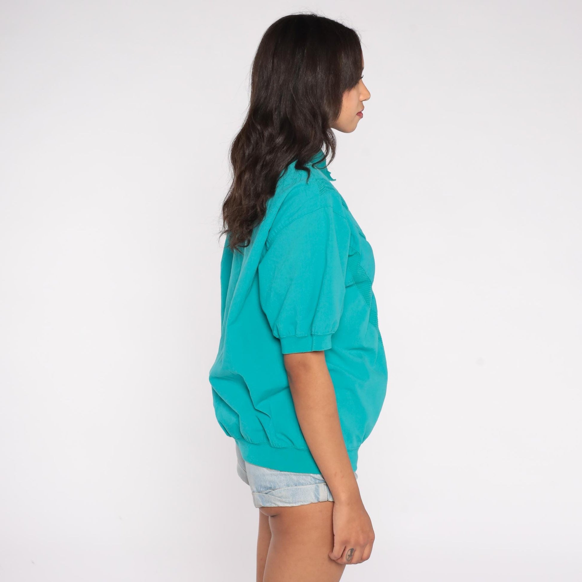 90s Teal Textured Polo Shirt Collared Short Sleeve Button Front Medium