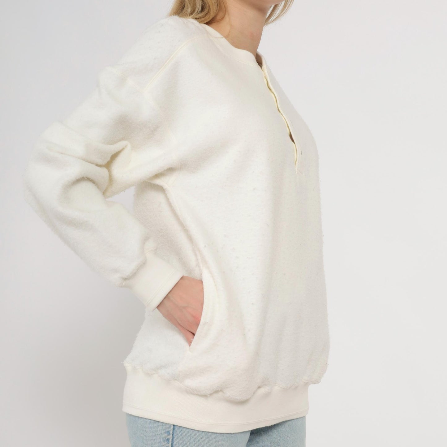 80s Claybrooke Sport White Henley Reverse Weave Cotton Sweatshirt Small S