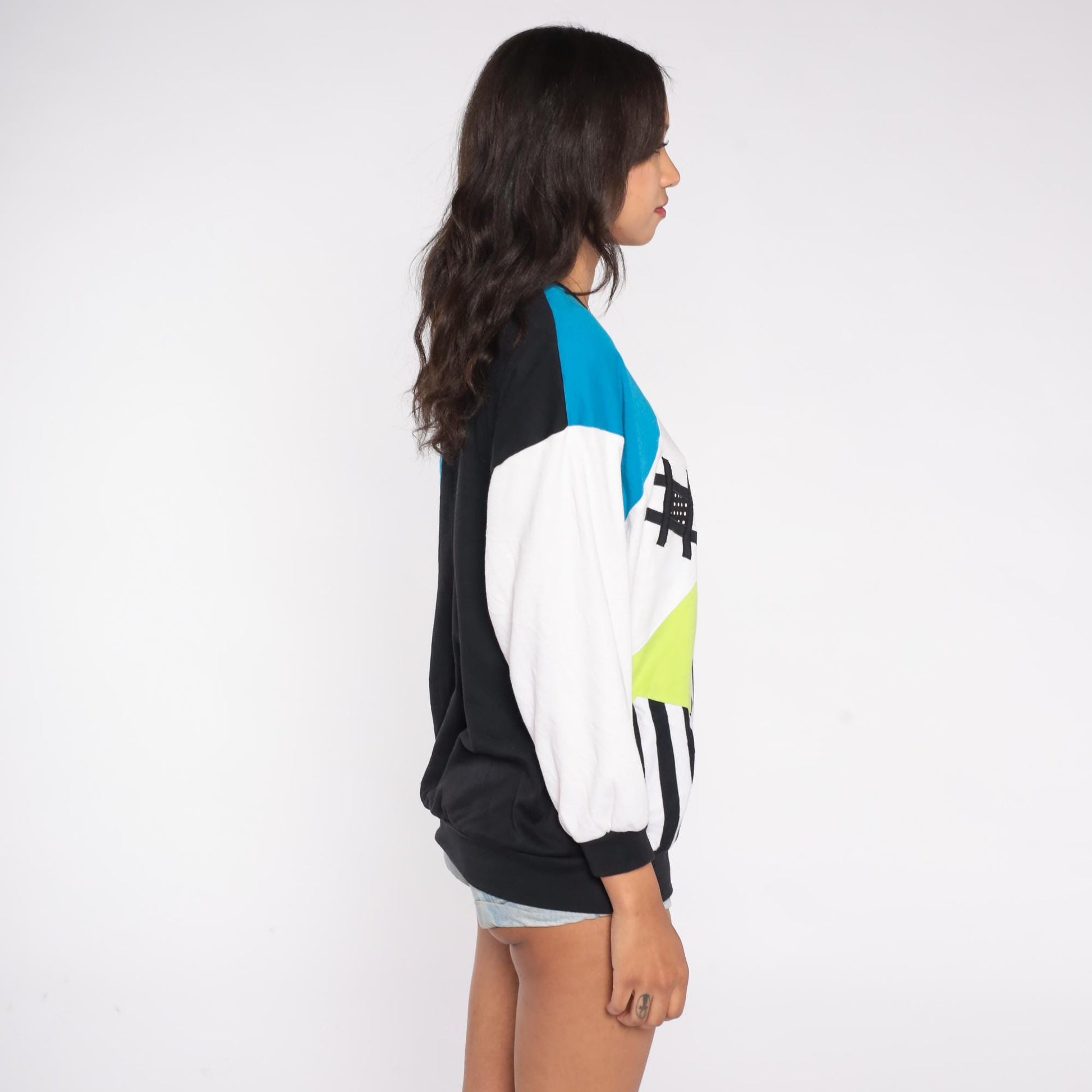 90s Bonnie and Bill Colorblock Sweatshirt Geometric Studs Black Blue Yellow Large