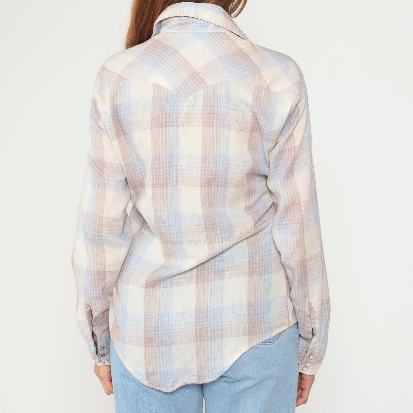 80s Gap Western Pearl Snap Shirt Cream Blue Gingham Plaid Medium