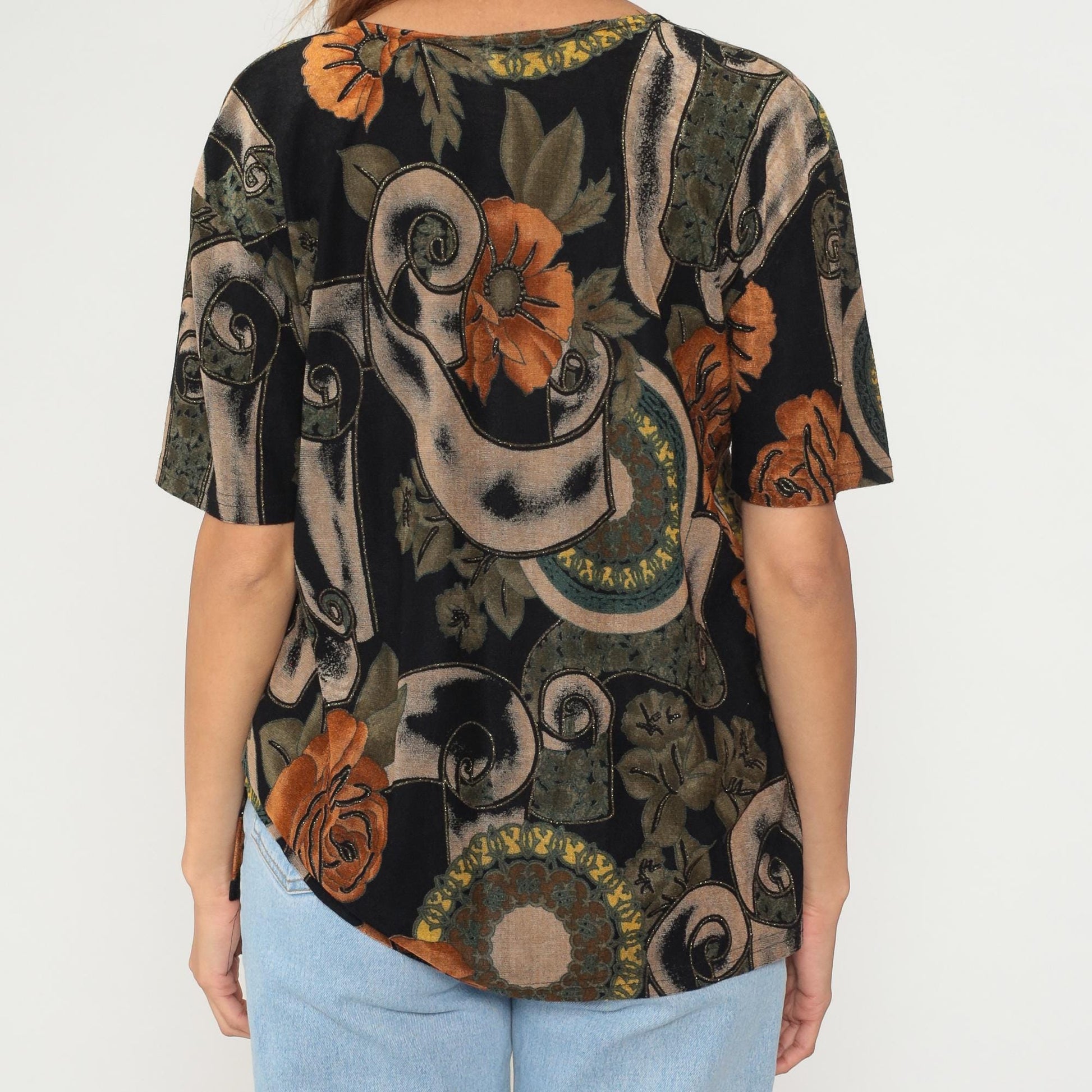 90s Jostar Floral Scroll Print T-Shirt Black Rust Orange Olive Large