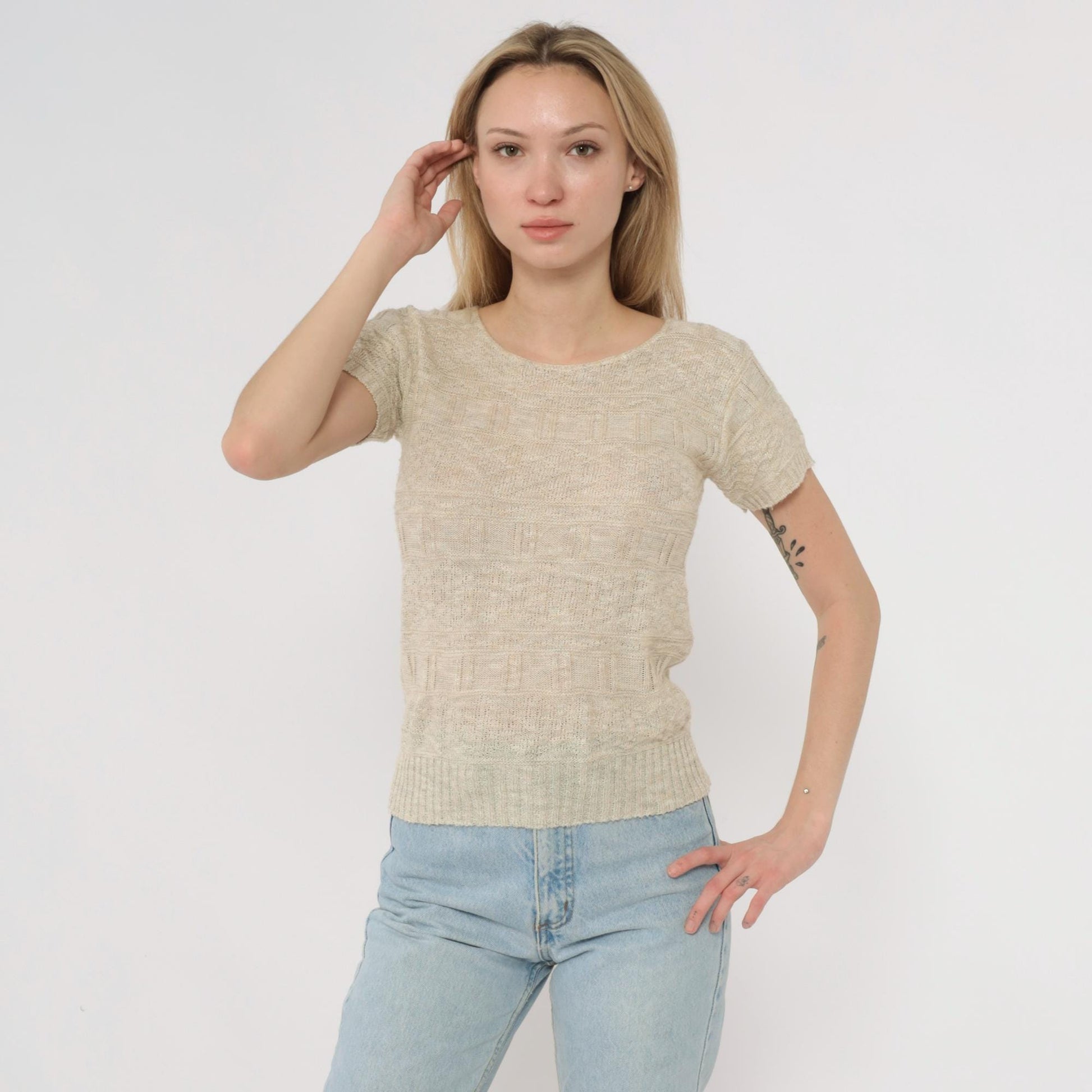 80s Cream Knit Sweater Textured Short Sleeve Crew Neck Fitted Pullover Small S