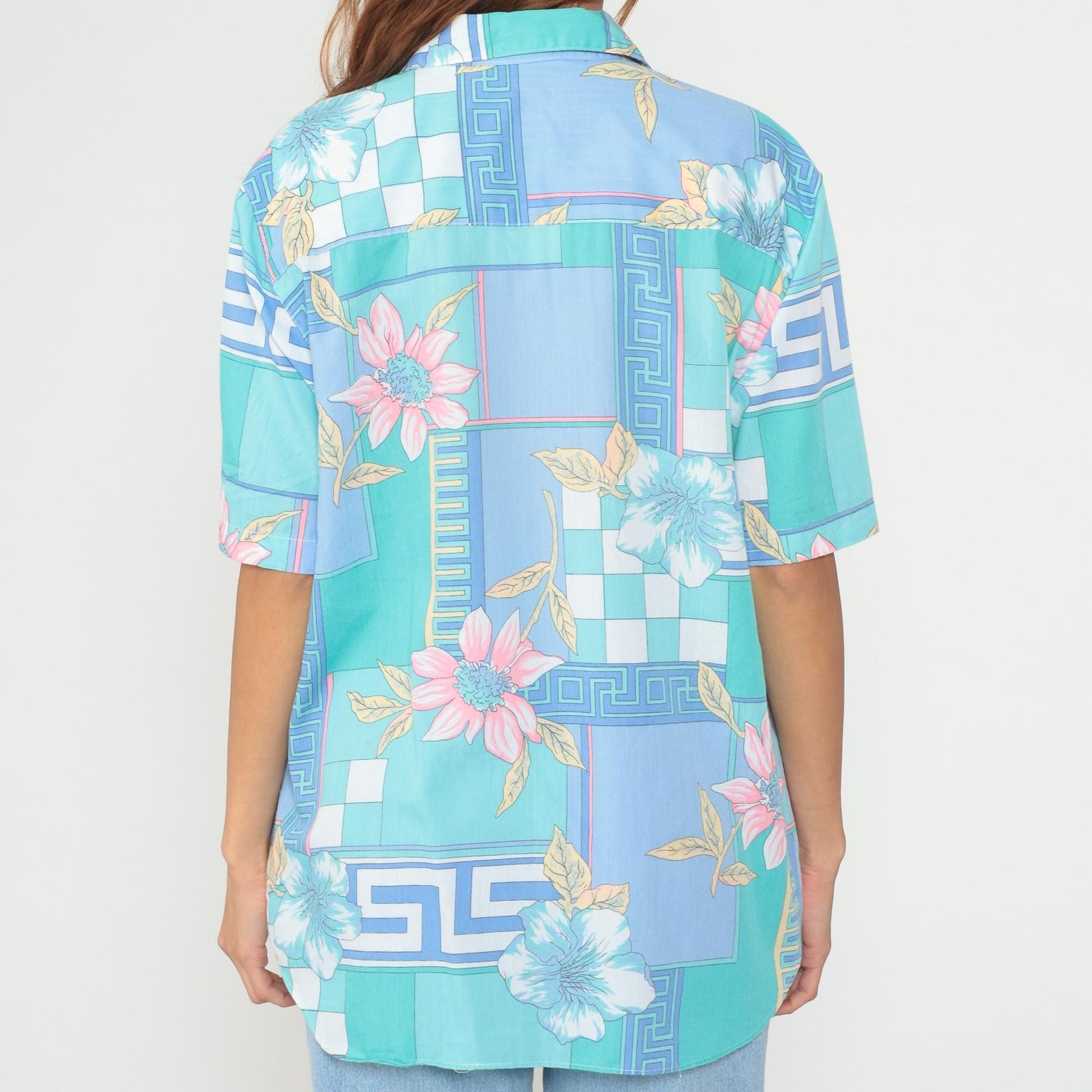 80s Alfred Dunner Tropical Floral Geometric Button Up Shirt Blue Teal Extra Large XL