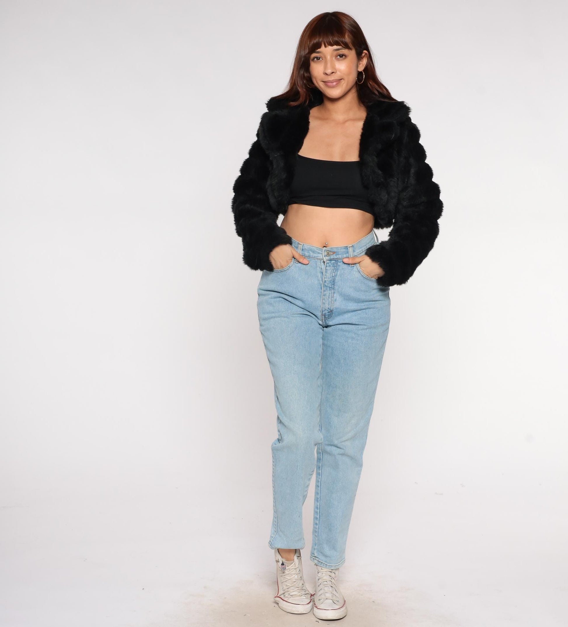 Y2K Black Faux Fur Cropped Jacket Oversized Collar Long Sleeve Medium
