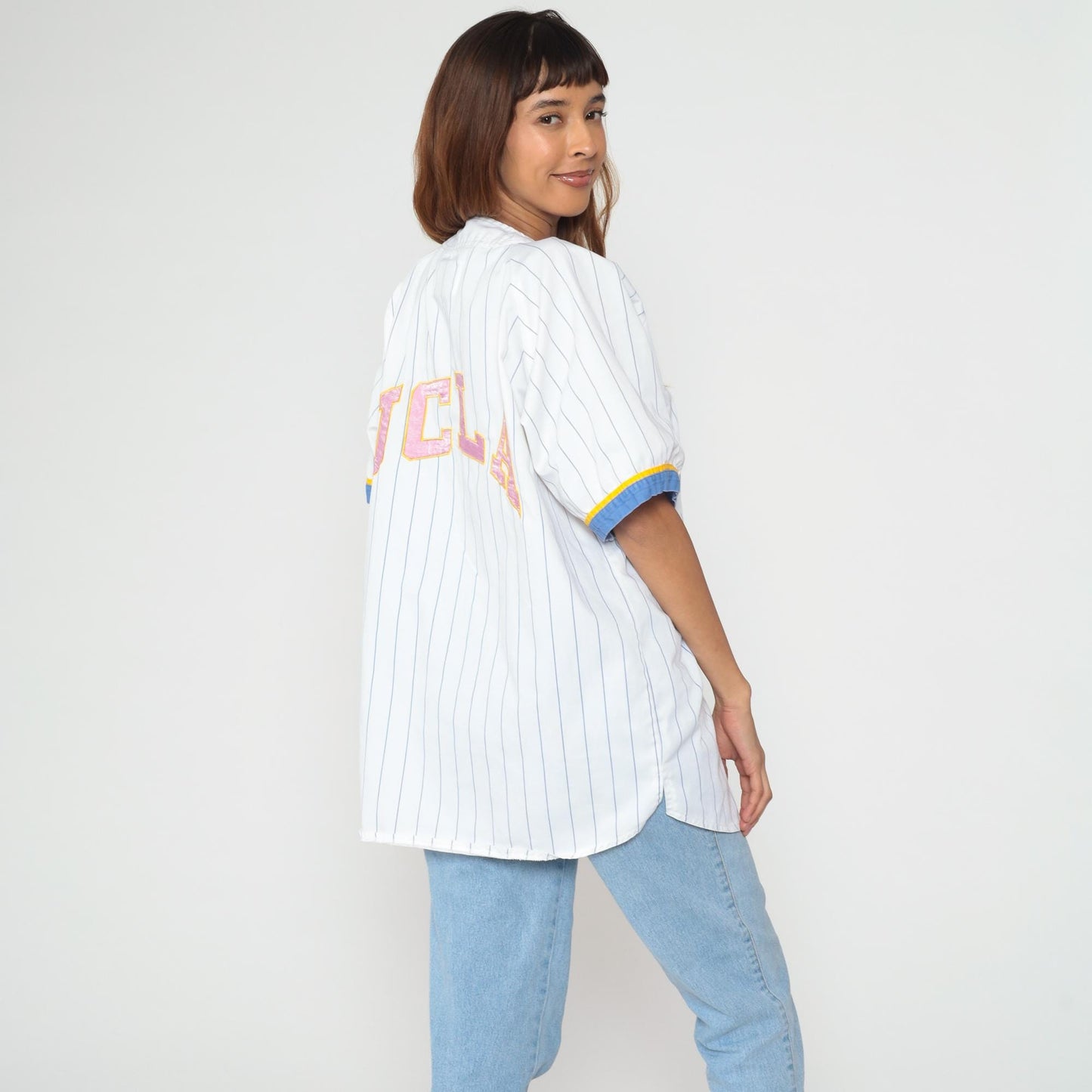 90s UCLA Bruins Baseball Jersey Starter White Pinstripe Button Front Extra Large XL