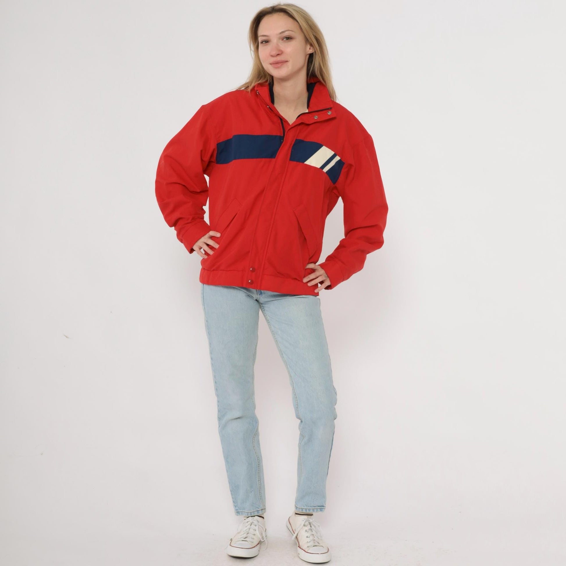 80s Forsters Red Windbreaker Jacket Navy White Color Block Medium
