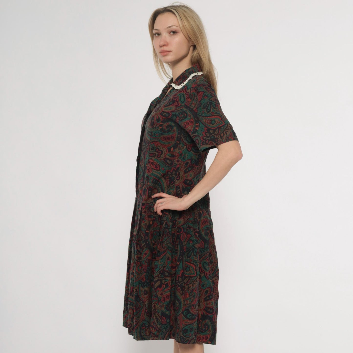 70s Paisley Dress Burgundy Green Brown Crochet Collar Knee Length Medium