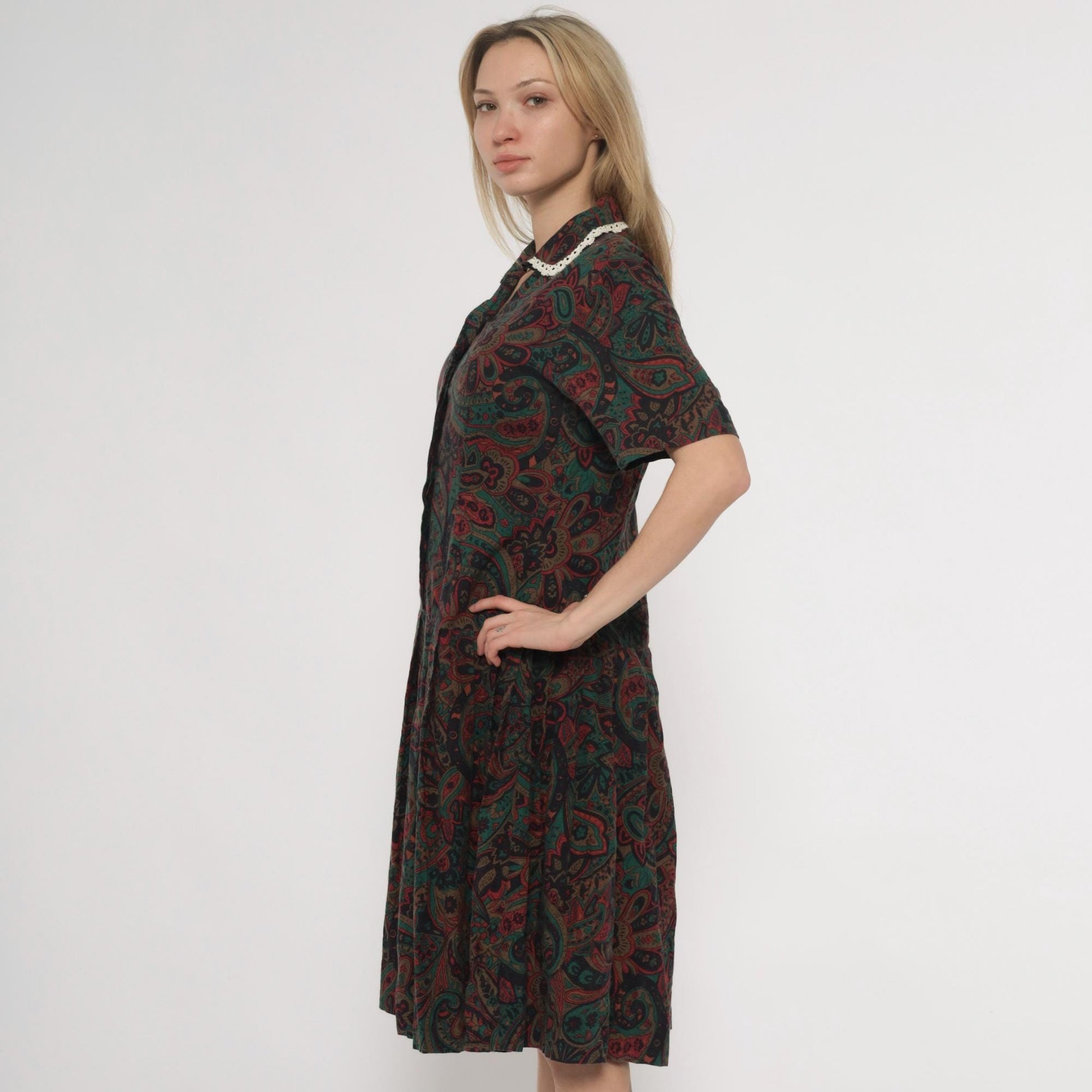 70s Paisley Dress Burgundy Green Brown Crochet Collar Knee Length Medium