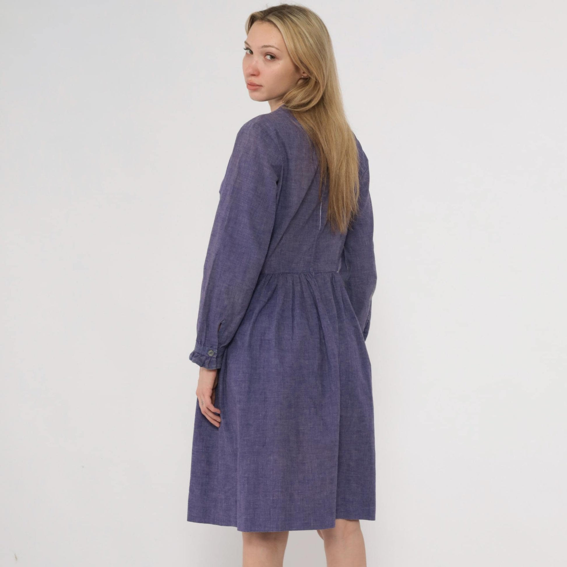 60s Purple Midi Dress Long Sleeve Gathered Waist A-Line Crew Neck Medium M