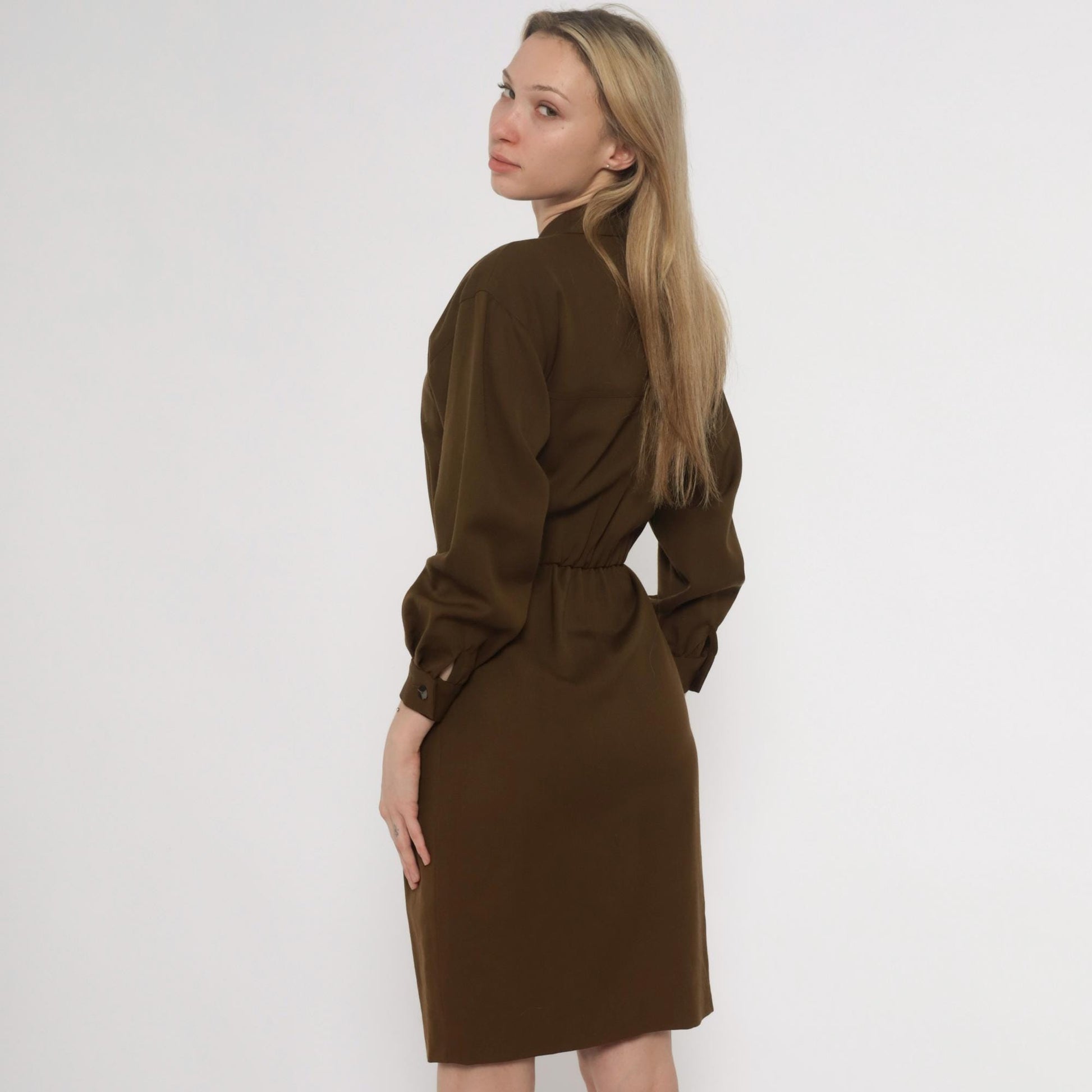 80s Bill Geoffreys Wool Shirt Dress Olive Brown Knee Length XS