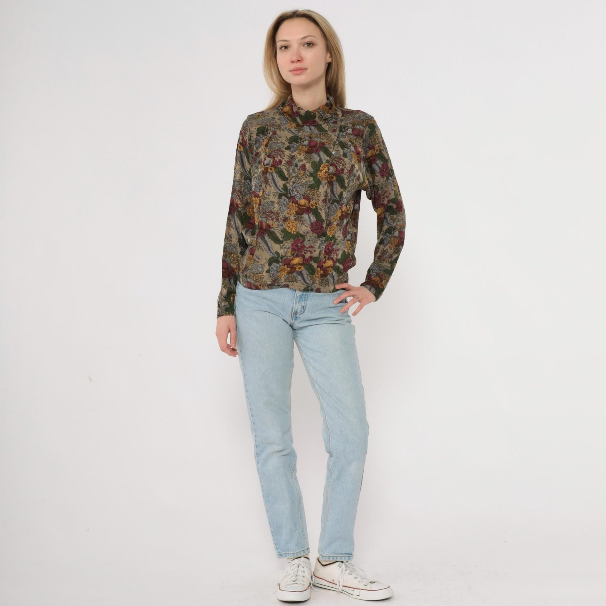 80s Michii Moon Silk Blouse Botanical Grape Print Burgundy Olive Medium