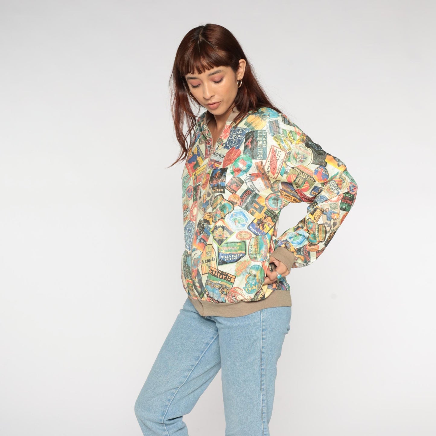 90s Travel Hotel Label Bomber Jacket Multicolor Graphic Medium Large