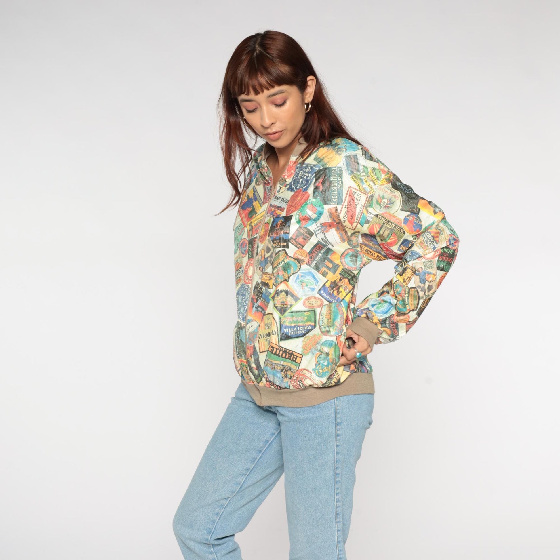 90s Travel Hotel Label Bomber Jacket Multicolor Graphic Medium Large