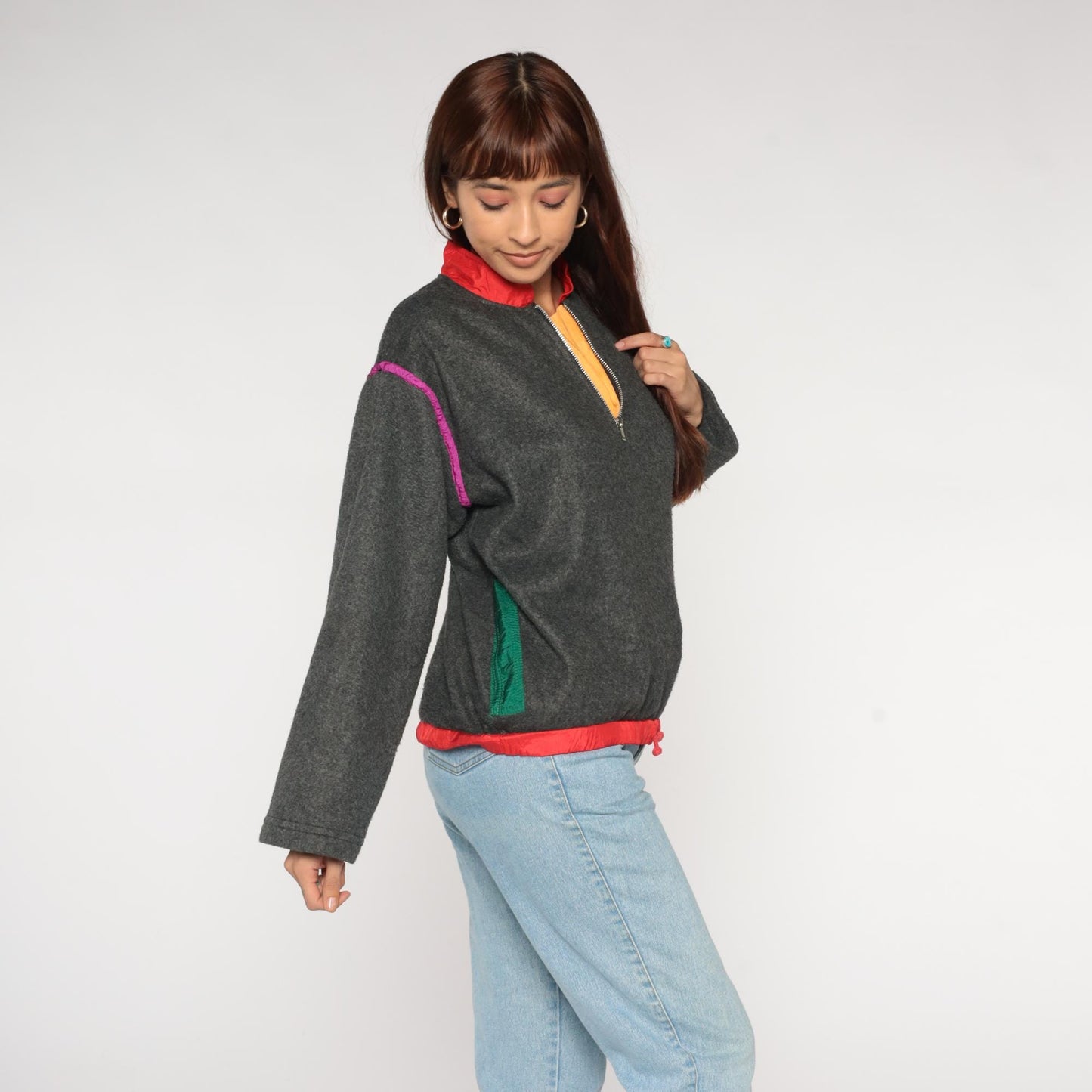 90s Jacques Moret Colorblock Fleece Pullover Grey Red Pink Quarter Zip Small