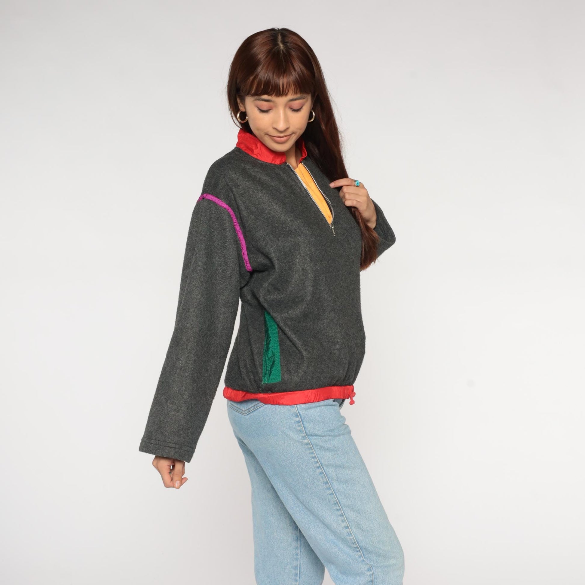 90s Jacques Moret Colorblock Fleece Pullover Grey Red Pink Quarter Zip Small