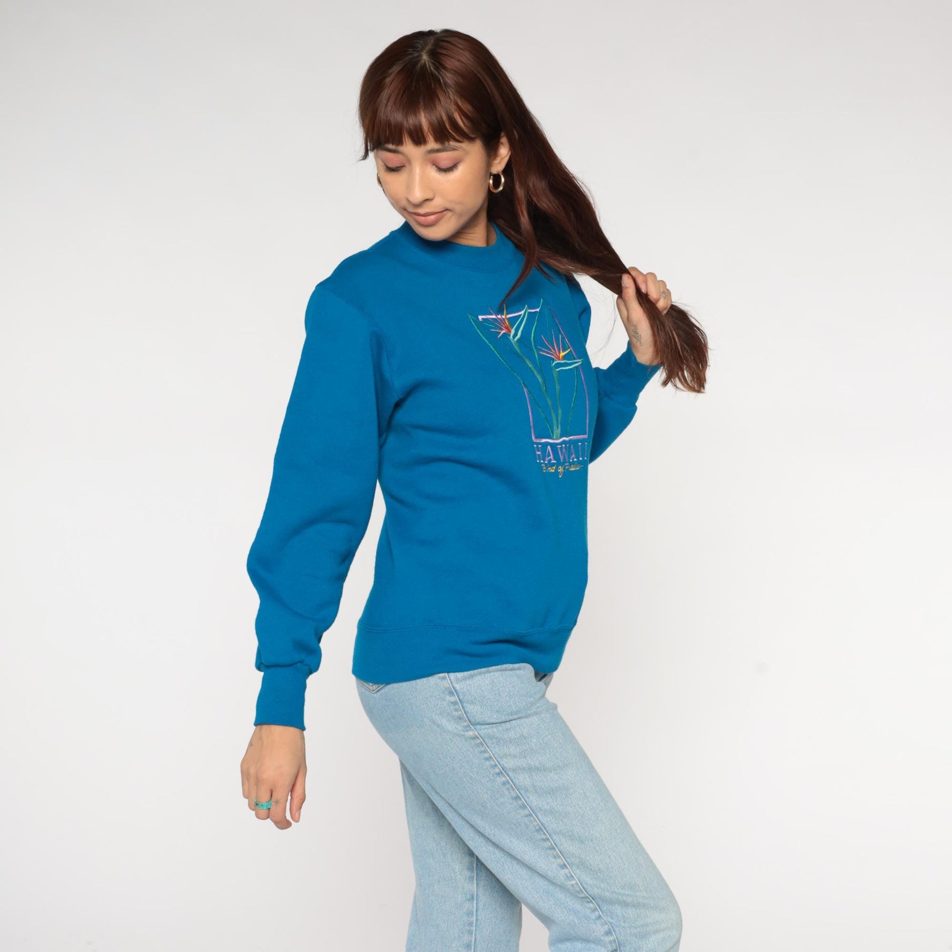 90s Crazy Shirt Bird Of Paradise Hawaii Embroidered Sweatshirt Teal Small
