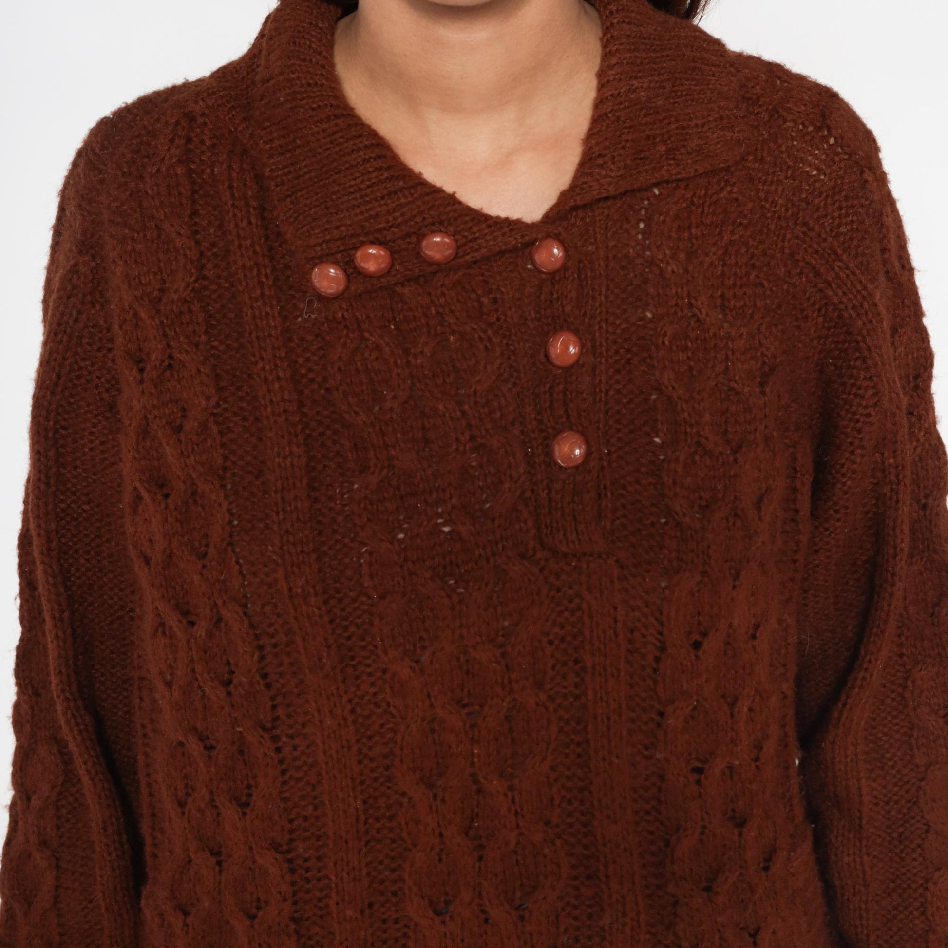 70s Rochelle California Brown Cable Knit Sweater Collared Medium M