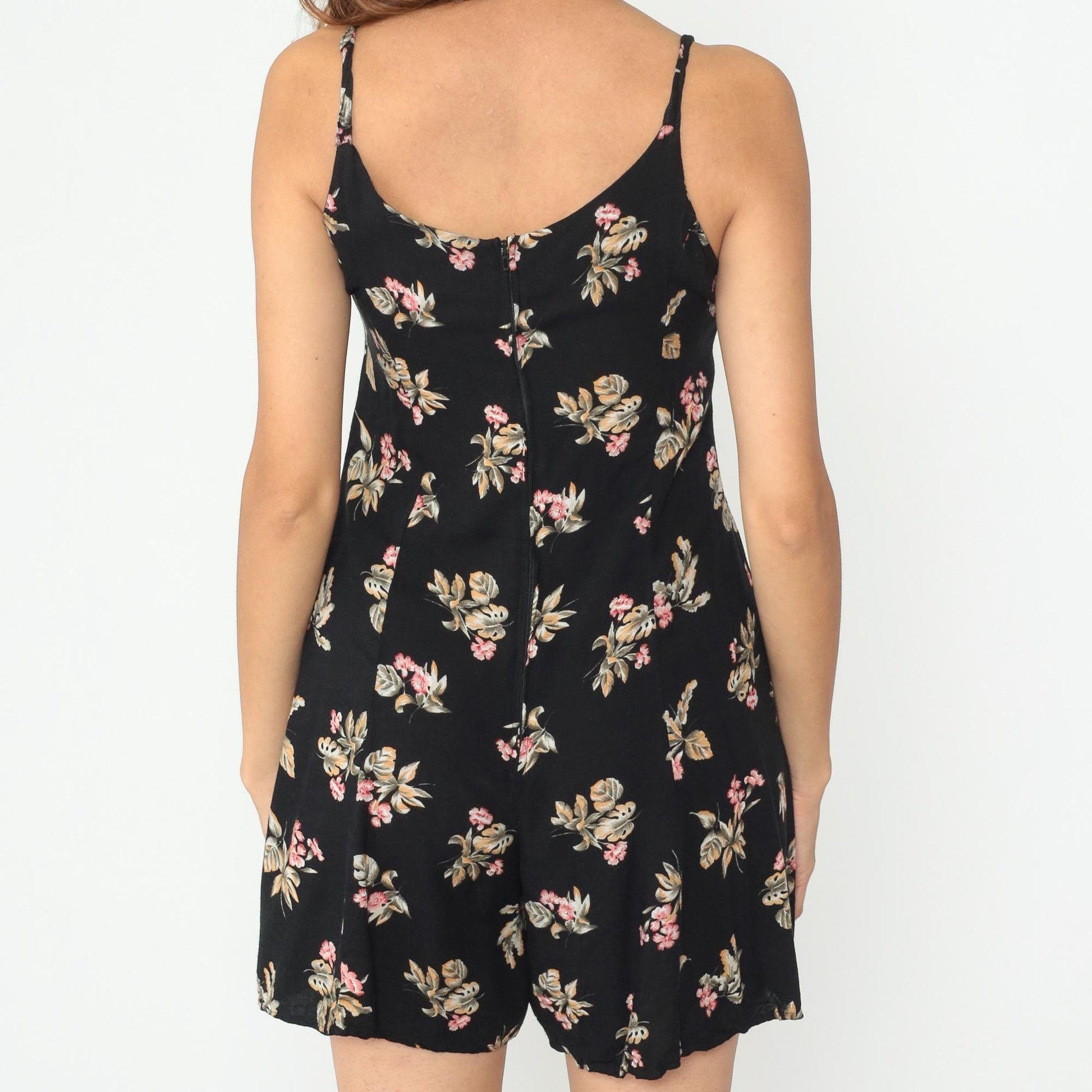 90s Black Floral Romper Sleeveless Wide Leg Playsuit Small S