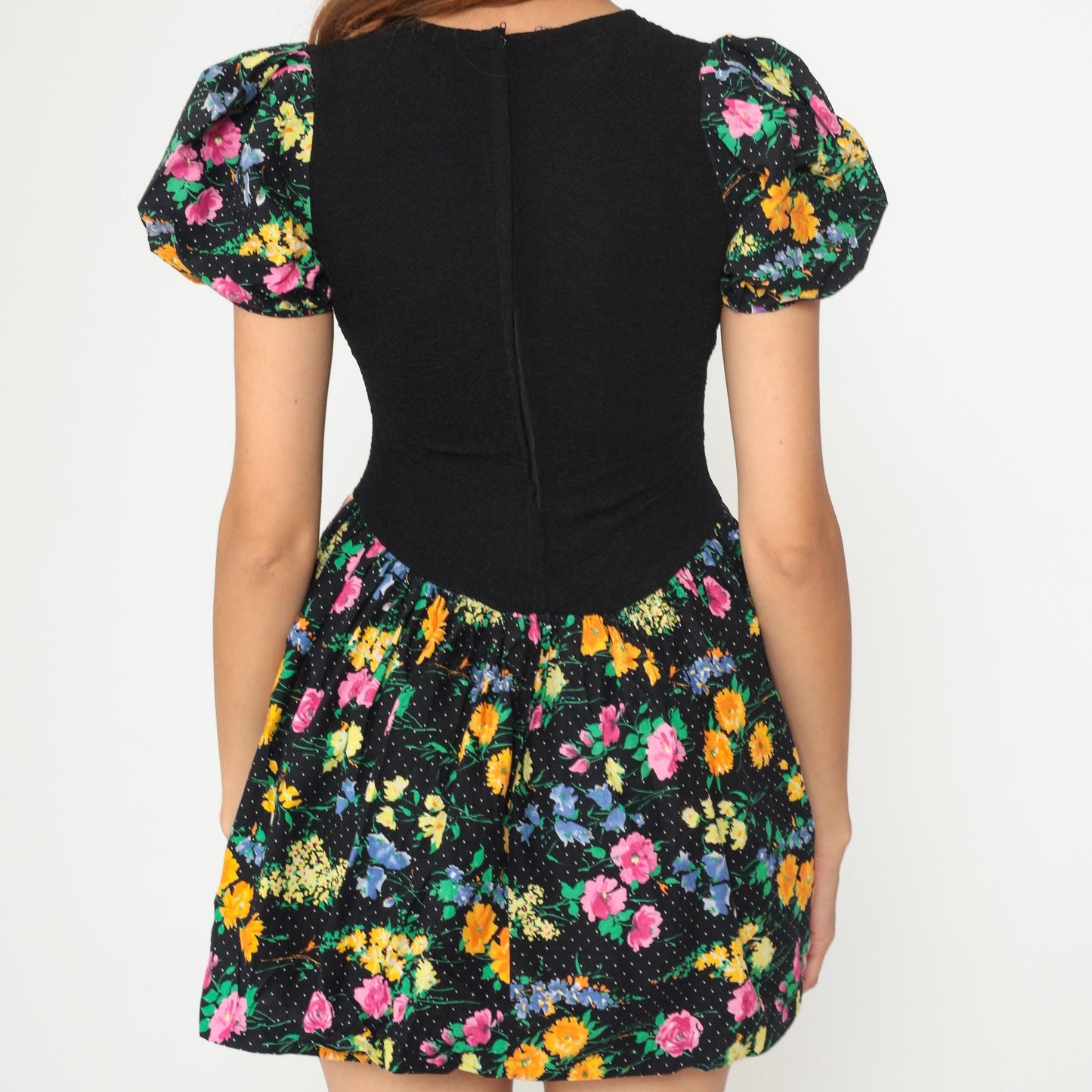 90s Amy Too Mini Dress Black Floral Polka Dot Puff Sleeve Drop Waist Extra Small XS