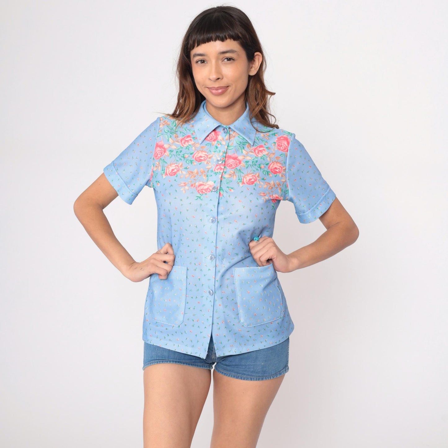70s Light Blue Floral Shirt Pink Roses Button Up Short Sleeve Medium
