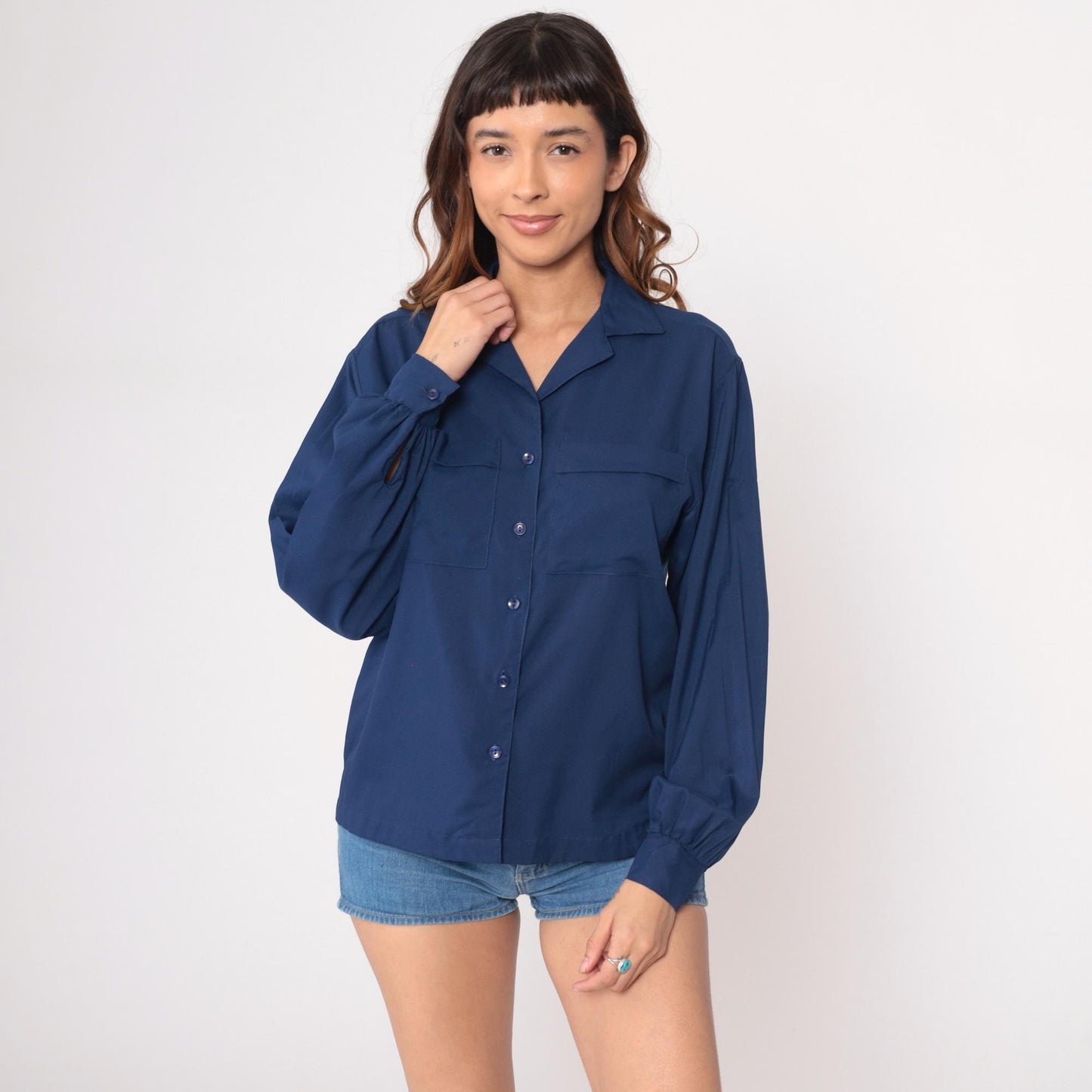 70s Judy Bond Navy Button-Up Shirt Notched Collar Long Sleeve Medium