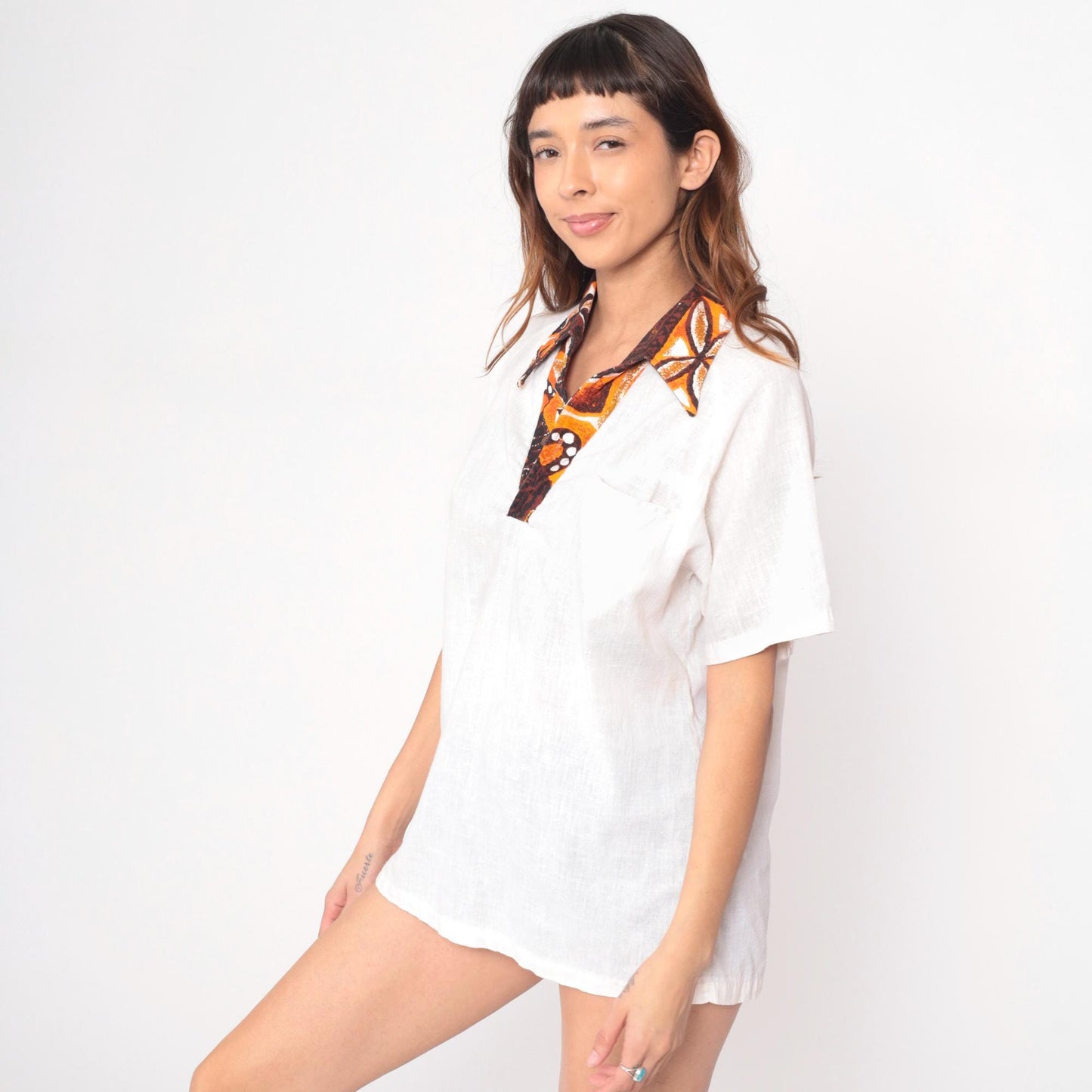 70s Kimolo Fashions Hawaiian Shirt Cream Cotton V-Neck Batik Collar Large