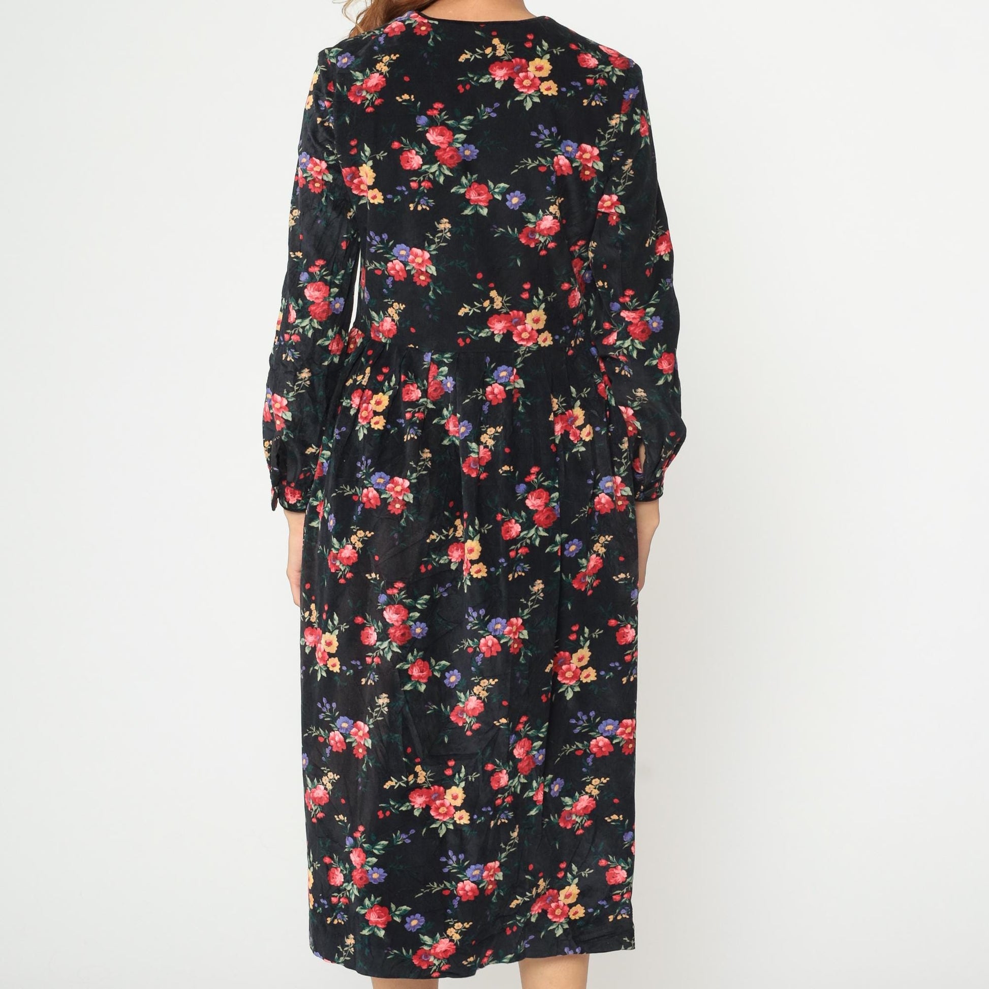 90s Talbots Floral Corduroy Midi Dress Black Button Front Long Sleeve Medium