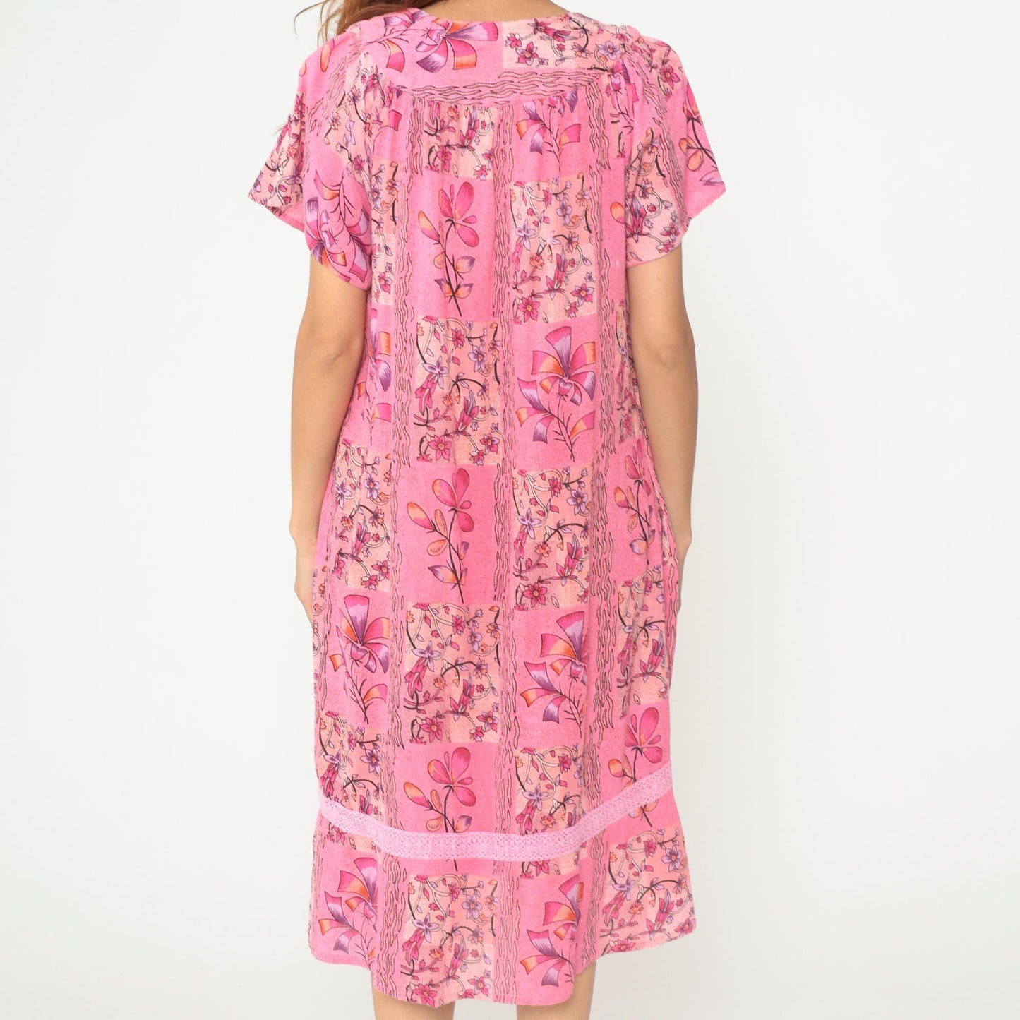 90s Longees Floral Midi Dress Pink Cotton V-Neck Tiered Ruffle Medium