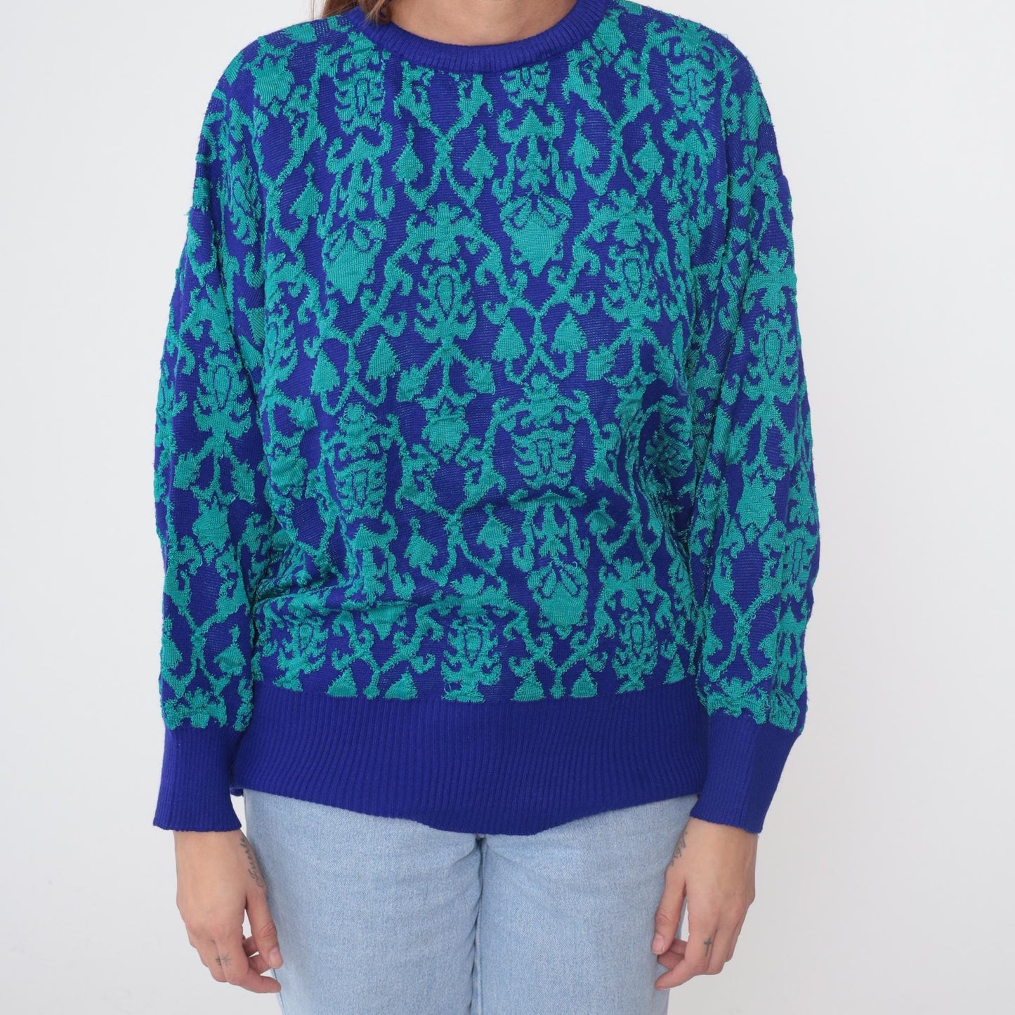 90s Carole Little Floral Damask Crew Neck Sweater Blue Teal Medium M