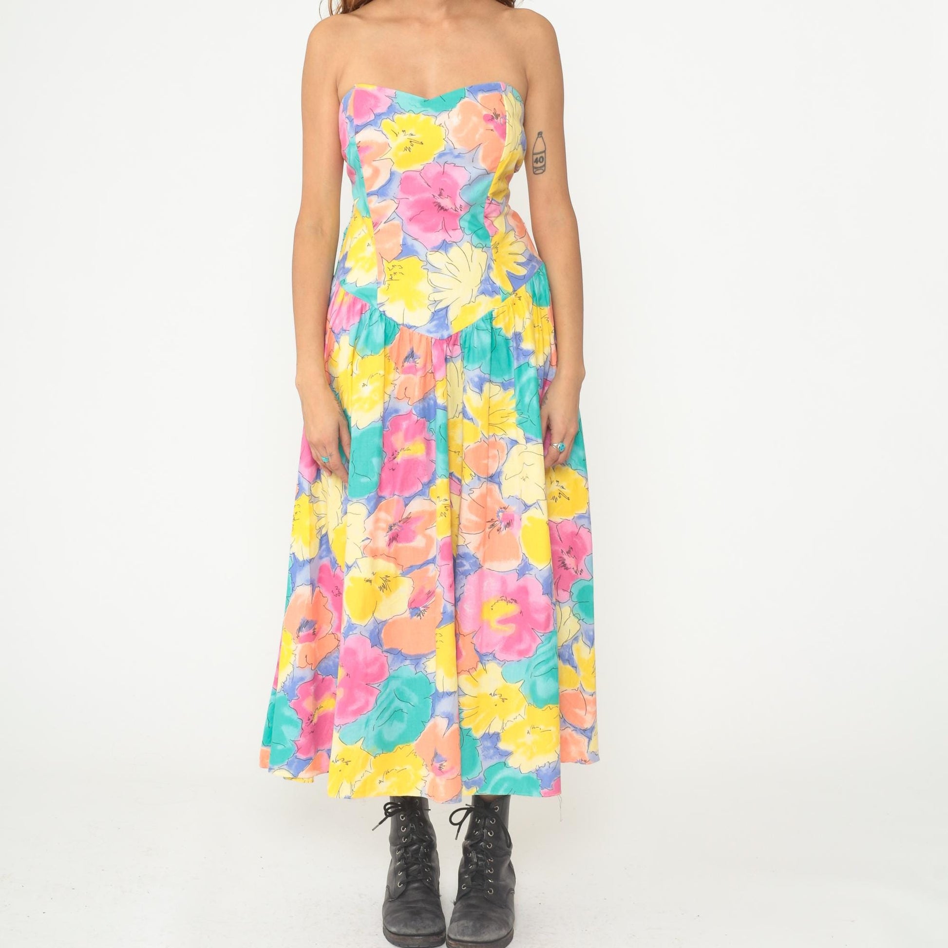 90s Longees Floral Cotton Midi Dress Pink Purple Lace V-Neck Tiered Ruffle Large L