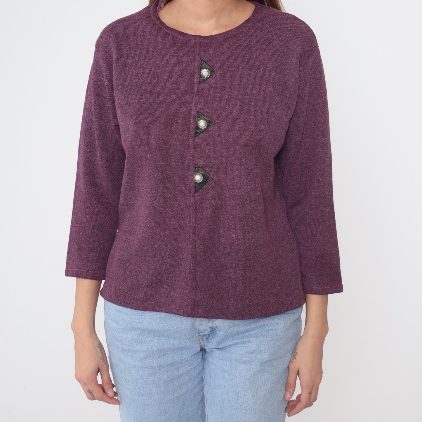 90s Purple Cotton Crew Neck Sweater Pearl Buttons Three-Quarter Sleeve Medium M